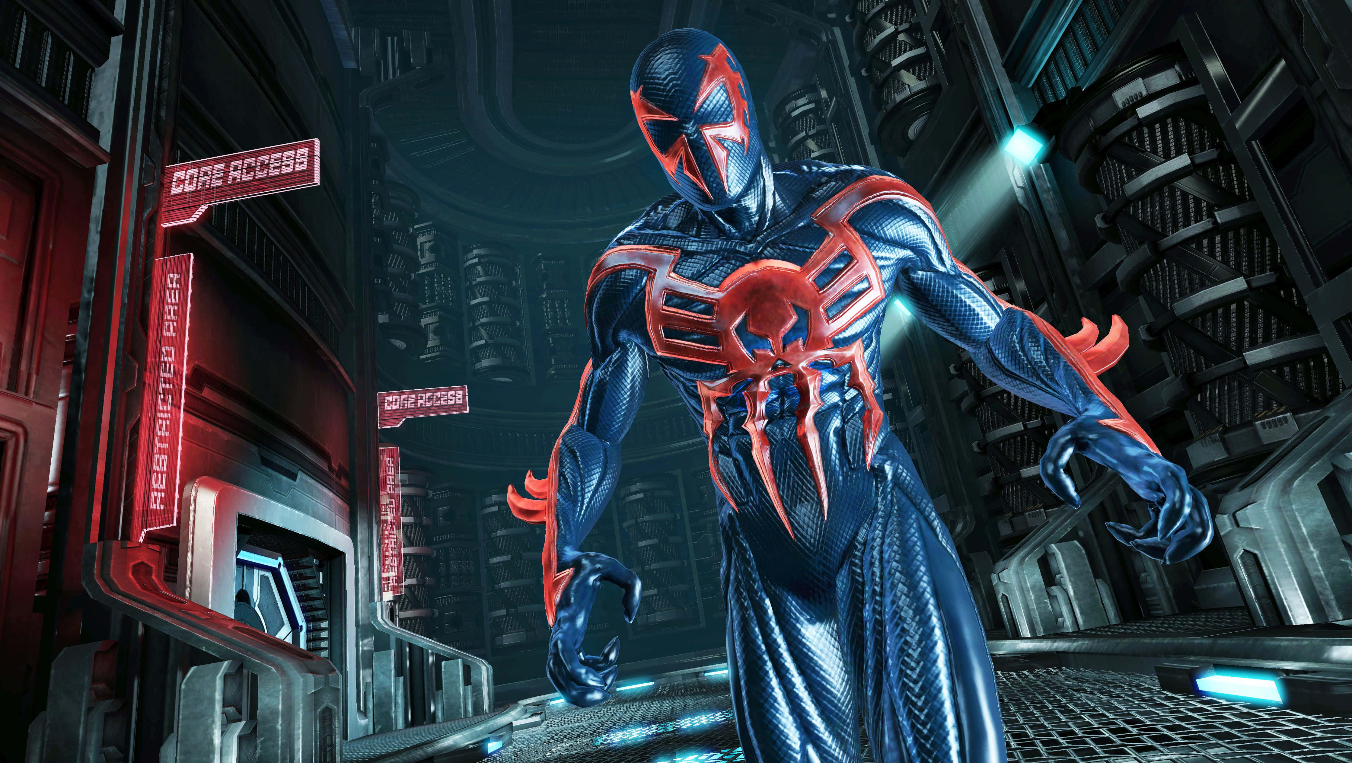 Spider Man 2099 桌布 壁紙 — 一個以藍色和紅色蜘蛛為主題的威嚇性超級英雄站在一個帶有發光紅色標誌的高科技未來走廊中。