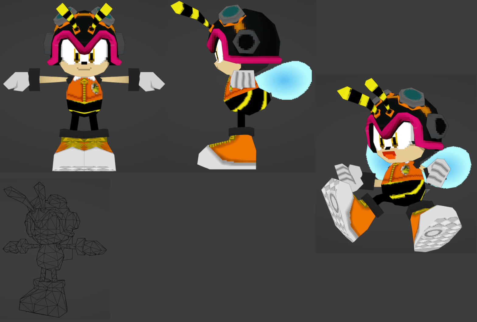 Charmy Bee 桌布 壁紙 — 一個以蜜蜂為主題的3D渲染角色，以多種姿勢和線框模型展示在深灰色背景上。