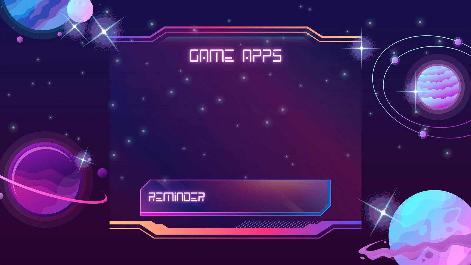霓虹美學 桌布 壁紙 — 一個以霓虹燈照亮的未來風格介面，標有「GAME APPS」和「REMINDER」按鈕，背景是發光的行星和星星的宇宙場景。