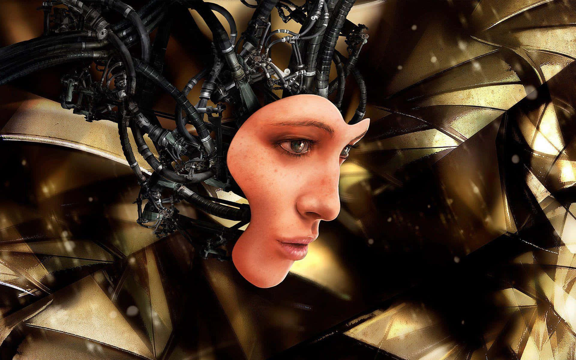 AI 桌布 壁紙 — 一個似人臉孔從複雜的機械卷鬚中浮現，背景是金色碎裂的。