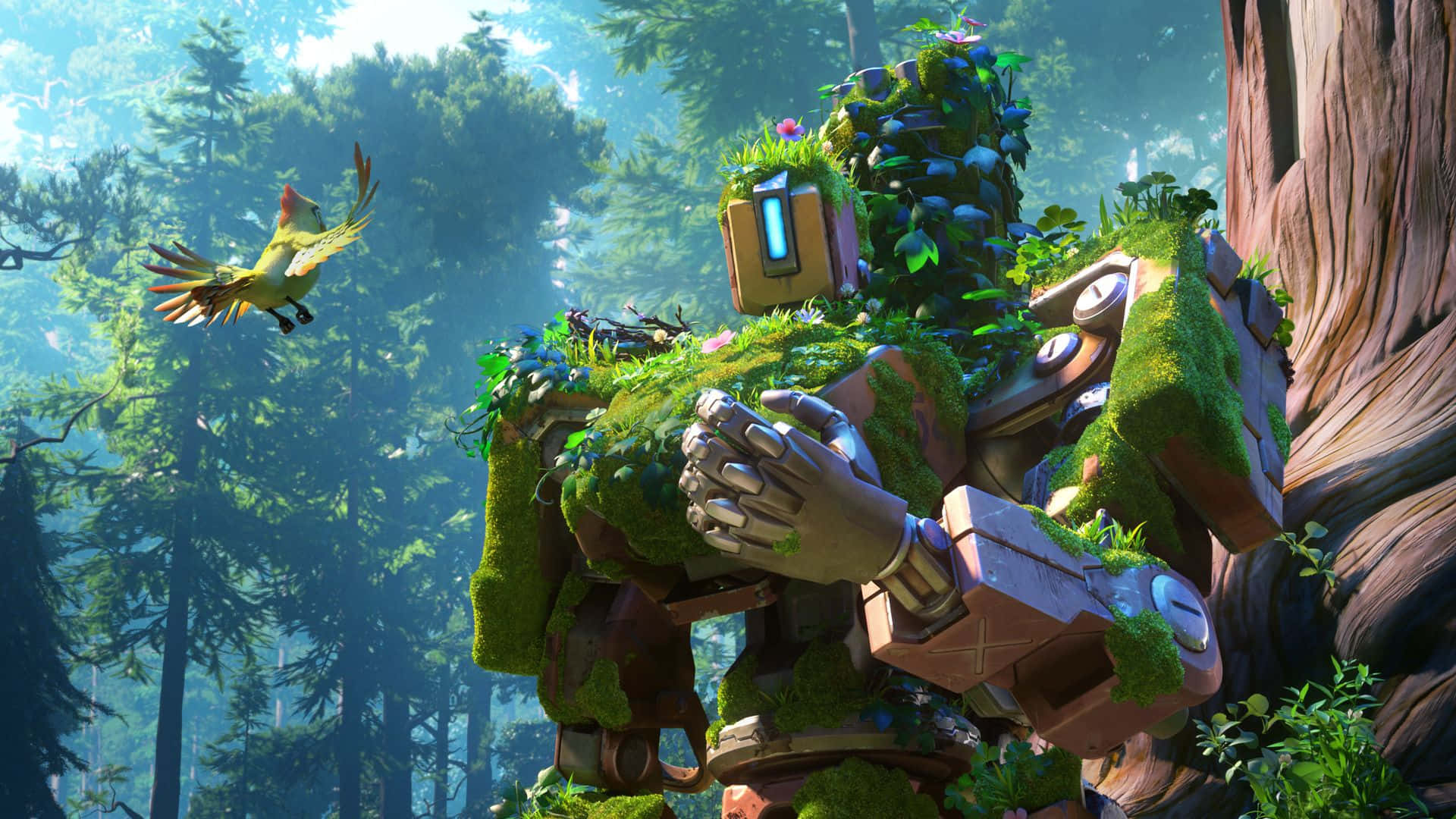 Aesthetic Overwatch 桌布 壁紙 — 一個佈滿苔蘚的機械巨人站在陽光明媚的森林中，一隻黃色小鳥飛過。