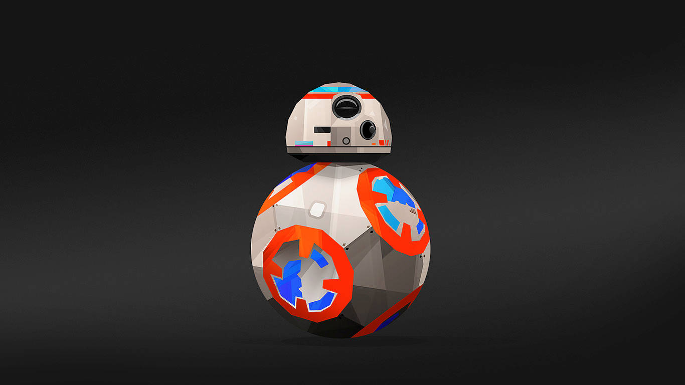 星際大戰 桌布 壁紙 — 一個低多邊形BB-8機械人，帶有白色、橙色和藍色面板，居中站立在深色漸變背景上。