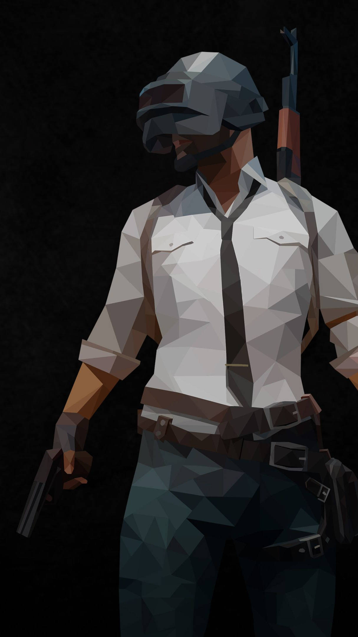 PUBG 桌布 壁紙 — 一個低多邊形士兵戴著頭盔和背心，手持手槍，步槍掛在肩上，背景黑暗。