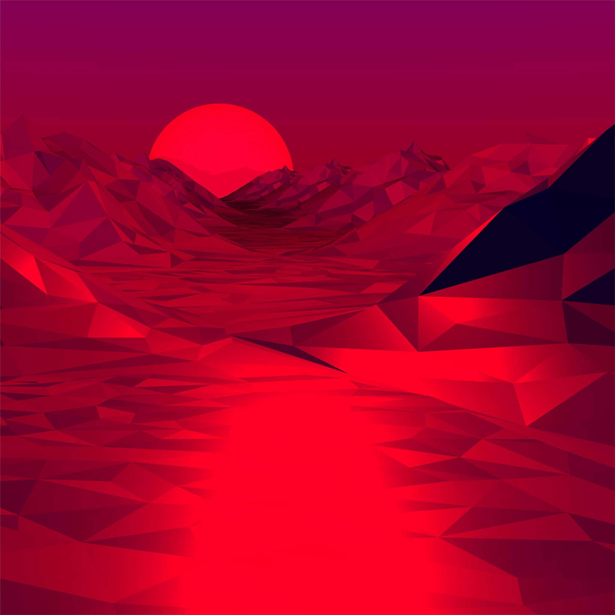 3d Graphics 桌布 壁紙 — 一個低多邊形山景，沐浴在深紅色中，一輪發光的紅日正落在鋸齒狀山峰後方。