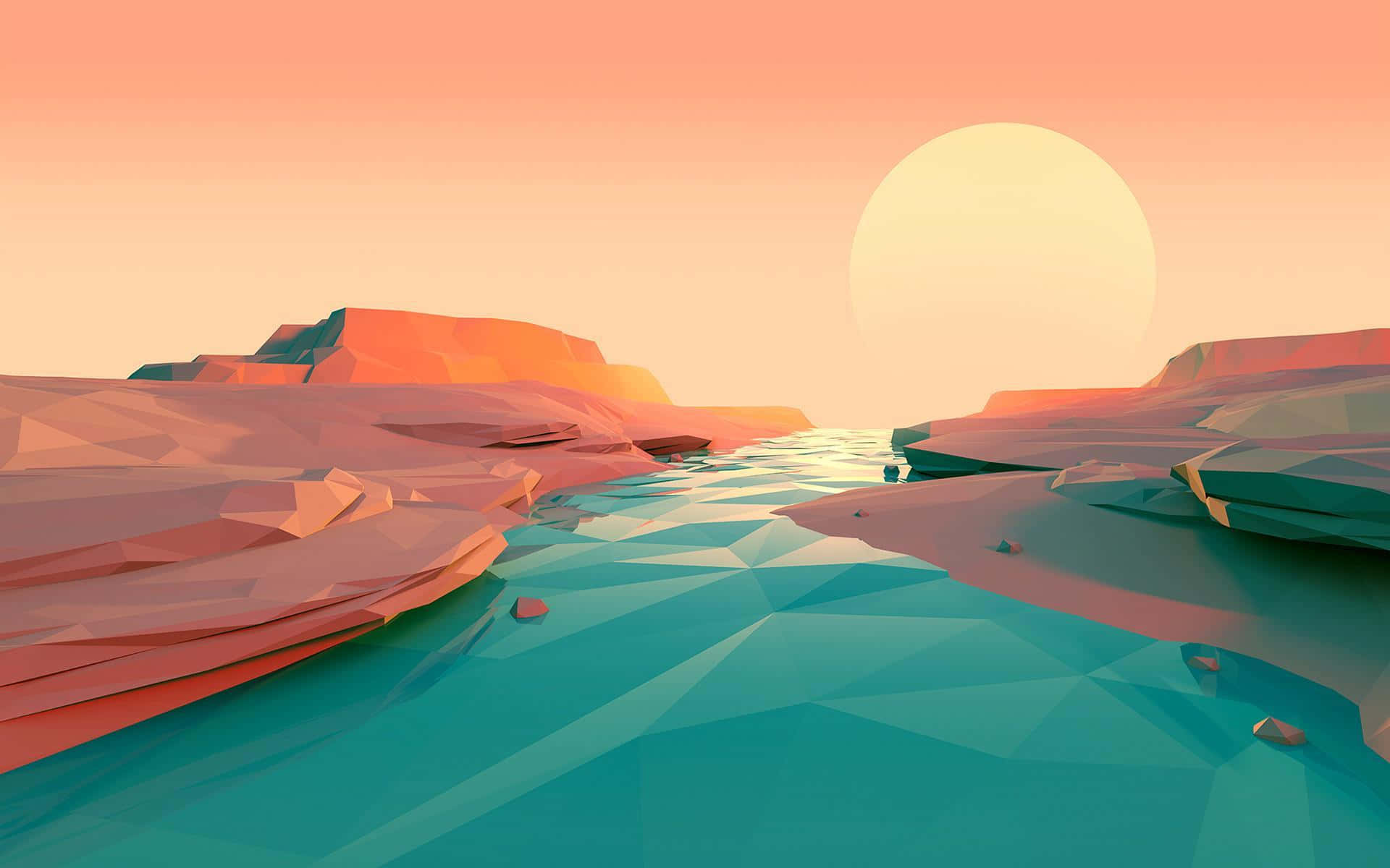 Minimalist Sunset 桌布 壁紙 — 一個低多邊形數碼景觀，發光的太陽在碧綠色的河流上落下，兩旁是粉紅色和橙色的岩石峭壁。