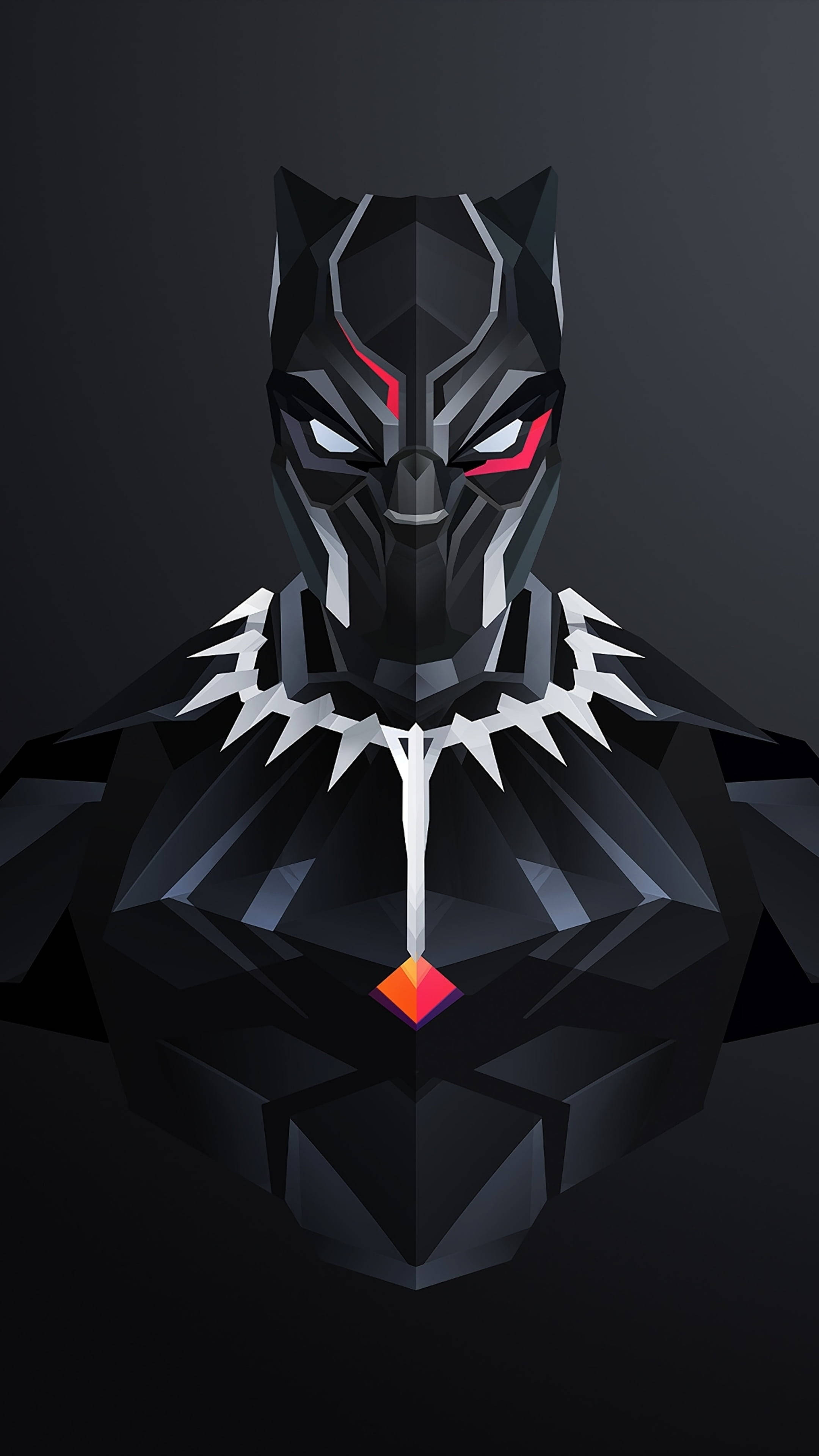 黑豹 桌布 壁紙 — 一個低多邊形數碼藝術半身像，描繪黑豹，眼睛發出紅光，戴著鑽石吊墜，背景為深灰色。