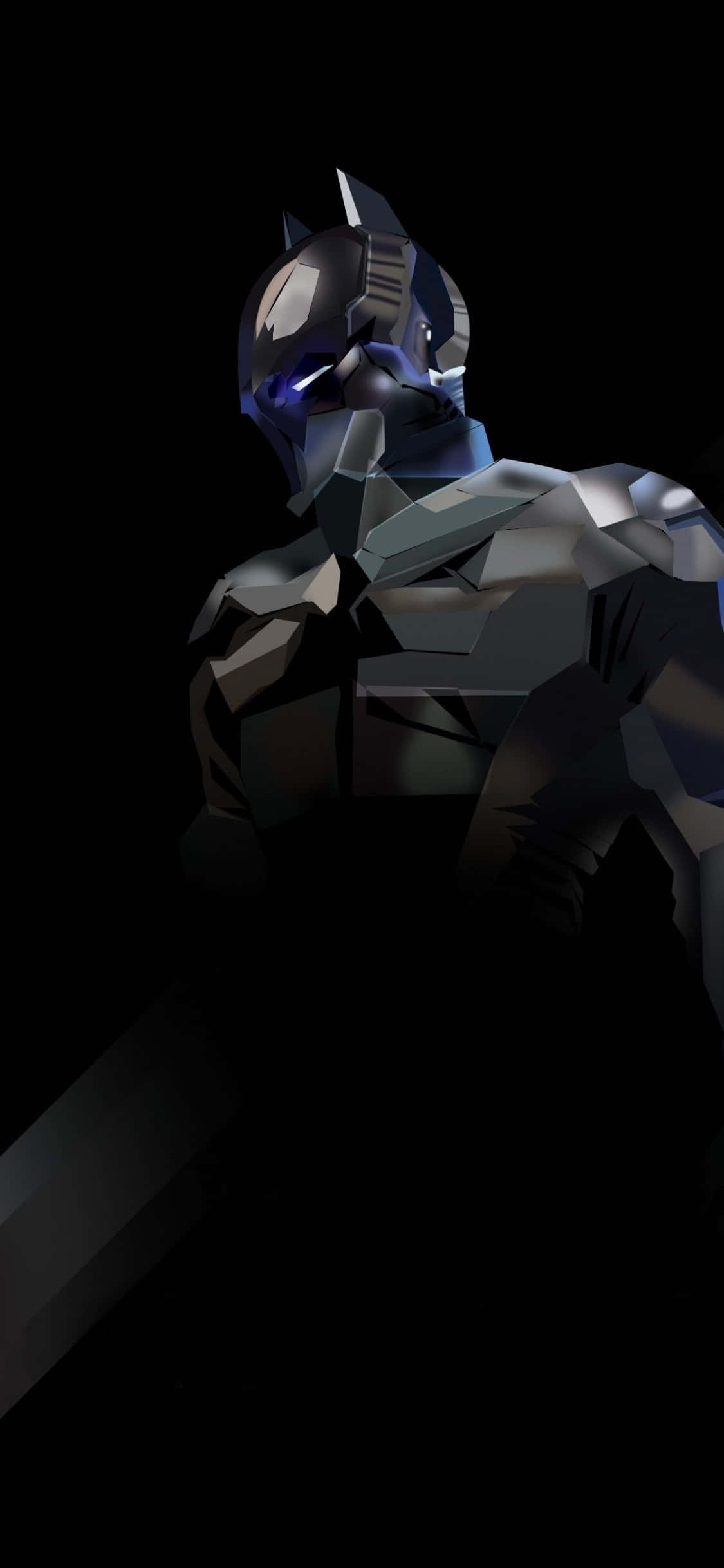 Batman Arkham Knight 桌布 壁紙 — 一個低多邊形蝙蝠俠人偶，藍色眼睛發光，站在陰影黑暗中，他的裝甲服捕捉到微妙的光線。