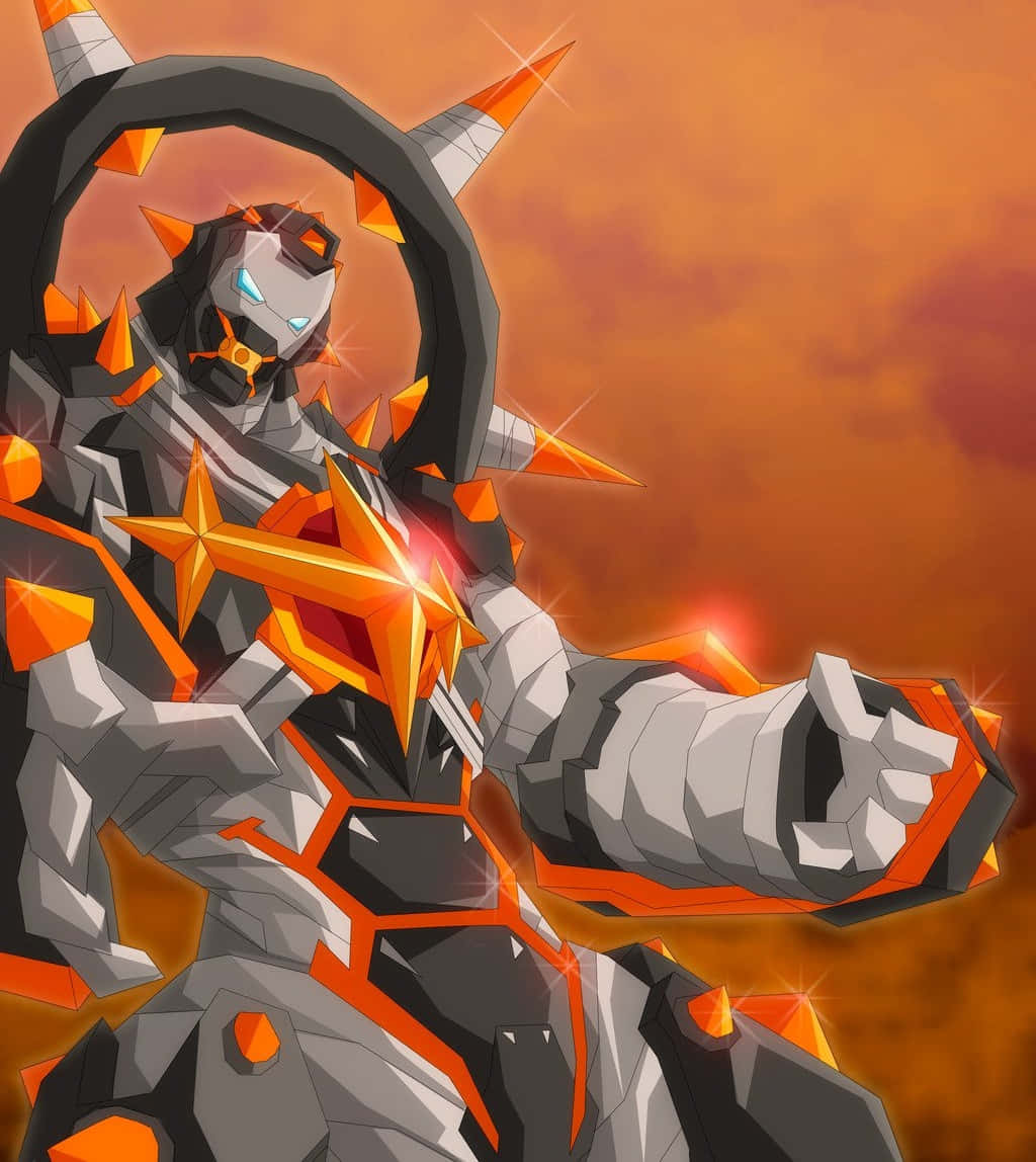 Ira Gamagoori 桌布 壁紙 — 一個低多邊形裝甲機械人，帶有發光的橙色尖刺和藍色眼睛，在熾熱的橙色天空下擺出強力姿勢。