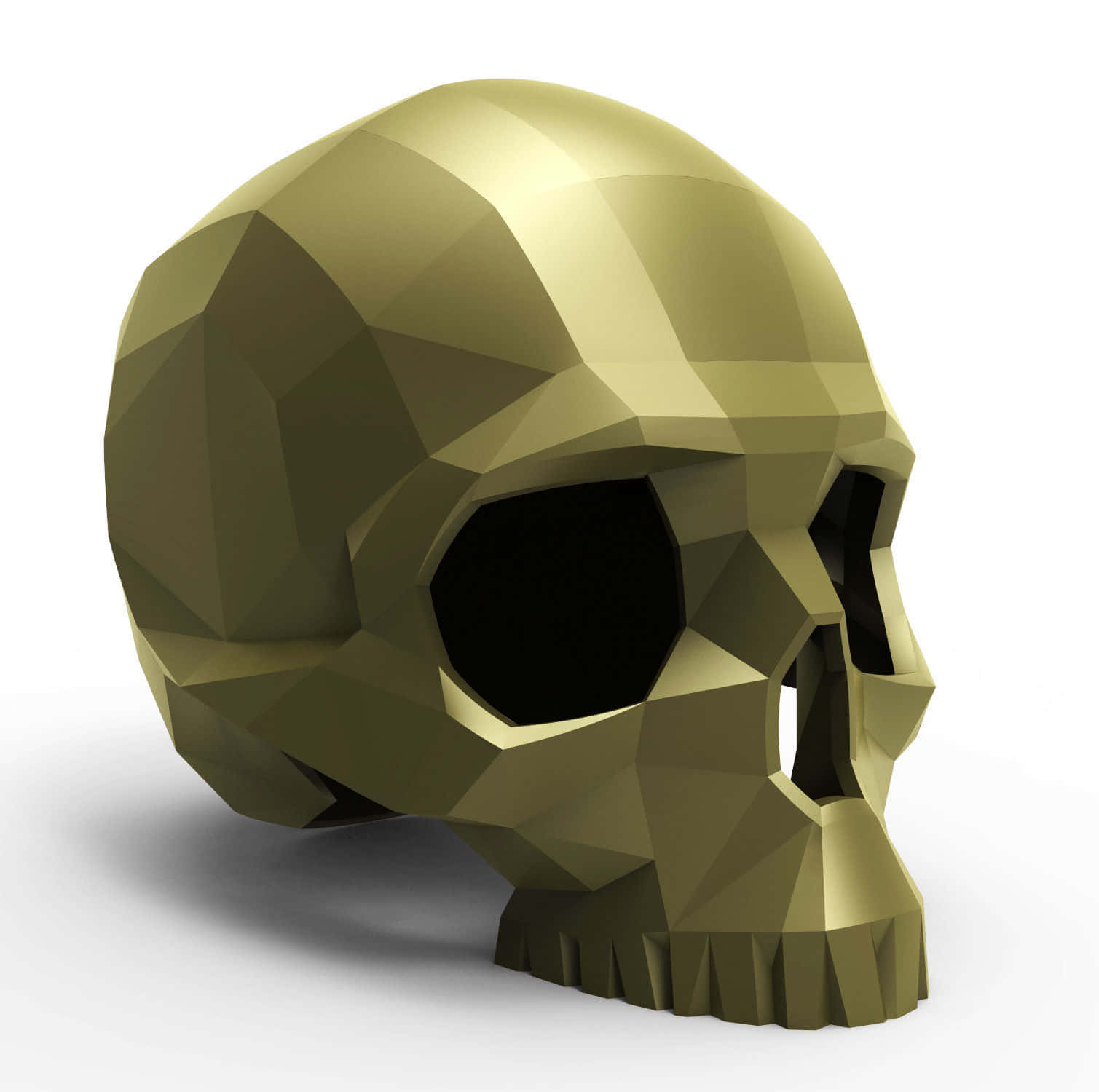 3d Skull 桌布 壁紙 — 一個低多邊形金色骷髏頭，帶有銳利的幾何切面和深色眼窩，置於純白色背景上。