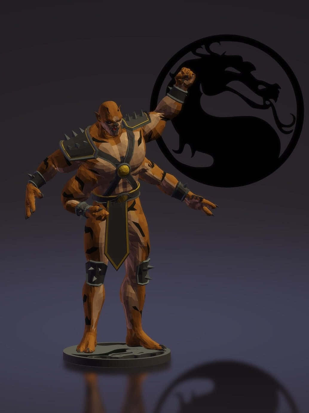 Mortal Kombat Kintaro 桌布 壁紙 — 一個低多邊形風格的戰士人偶站在底座上，背後有龍標誌，背景為深色漸變。