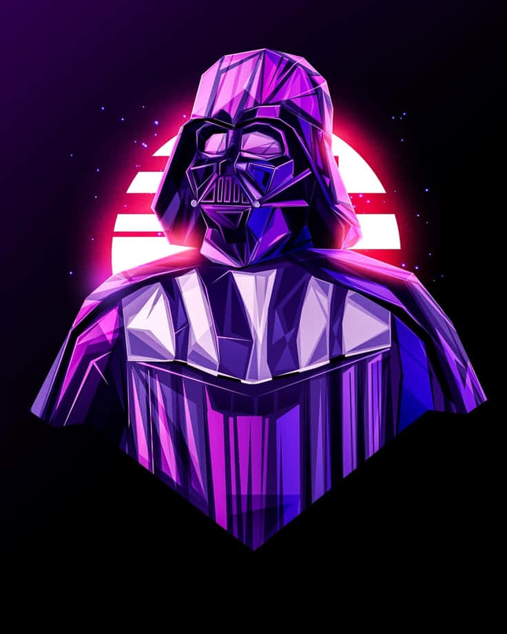The Chosen One 桌布 壁紙 — 一個低多邊形風格的達斯維達半身像在太空中，以霓虹粉紅和白色的太陽爆發為背景，發出鮮豔的紫色光芒。