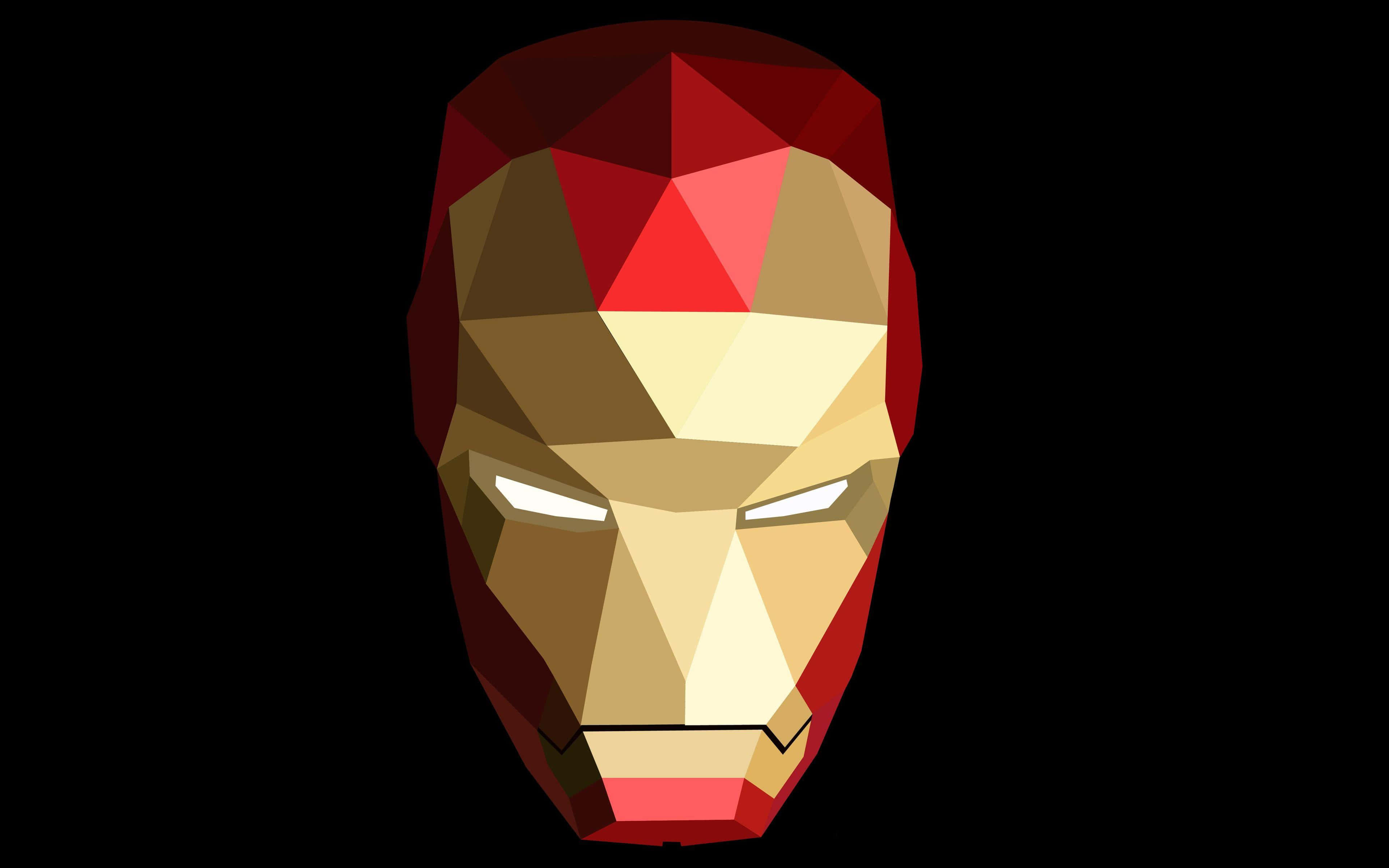 Iron Man Art 桌布 壁紙 — 一個低多邊形風格的鐵甲奇俠頭盔，帶有紅色、金色和白色的切面，置於黑色背景上。
