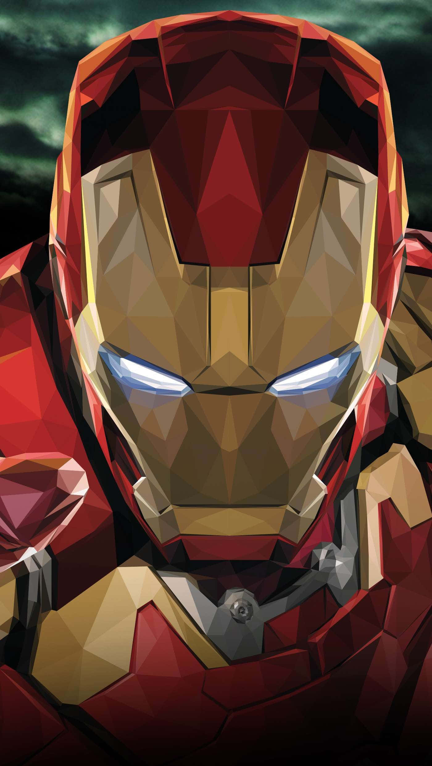 Iron Man Art 桌布 壁紙 — 一個低多邊形風格的鐵甲奇俠頭盔，在黑暗暴風雨的天空下散發著藍色光芒的眼睛。