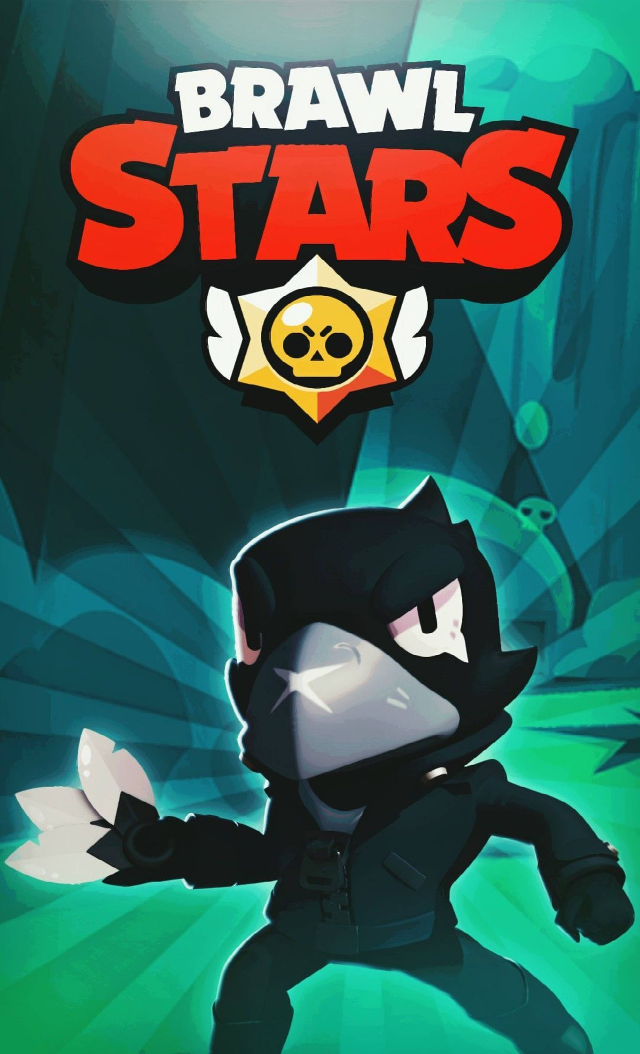 4K gaming phone 桌布 壁紙 — 一個來自《Brawl Stars》的風格化黑色蒙面角色，在發光的青綠色背景前擺出動態姿勢。