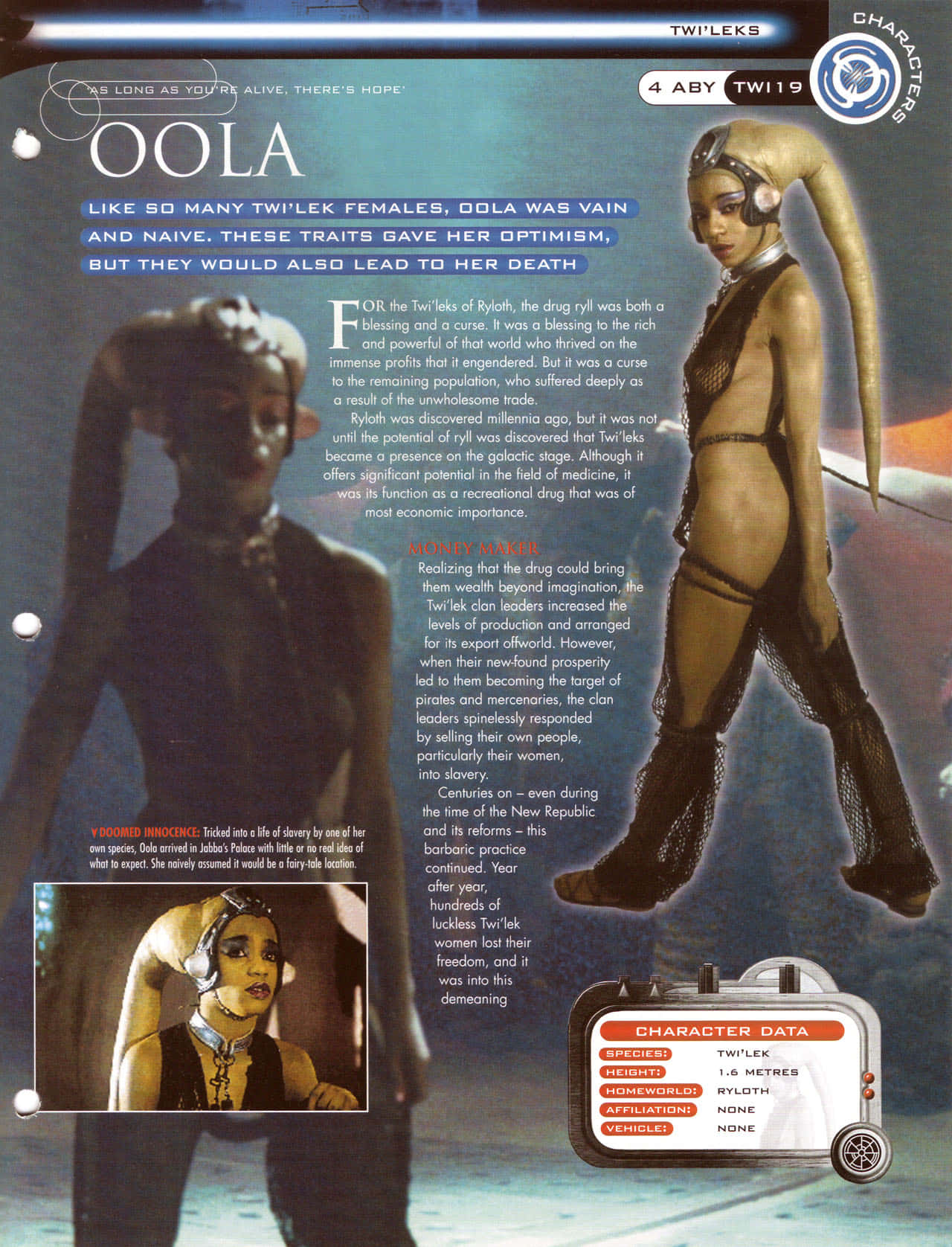 Twi'lek 桌布 壁紙 — 一個來自《星球大戰》的Twi'lek女性角色，擁有長長的捲曲角和華麗的頭飾，站在黑暗的背景前，背景上有文字和角色數據面板。