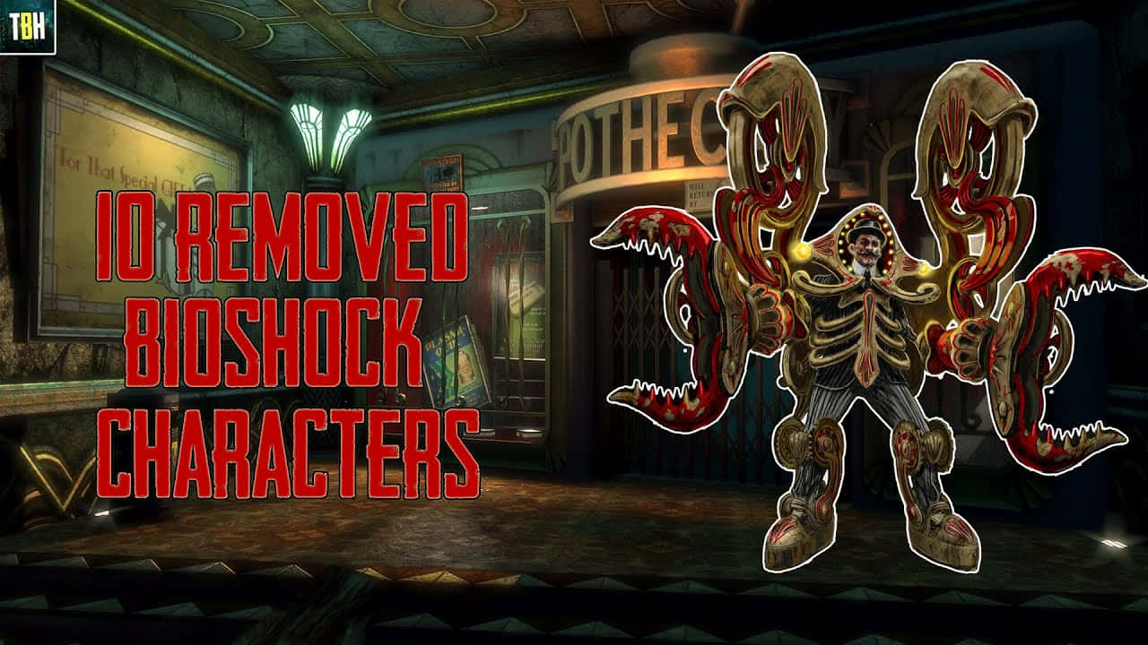 Bioshock Characters 桌布 壁紙 — 一個來自Bioshock、有多隻帶爪手臂的怪誕生物機械生物，站在燈光昏暗、破敗的藥房裡。