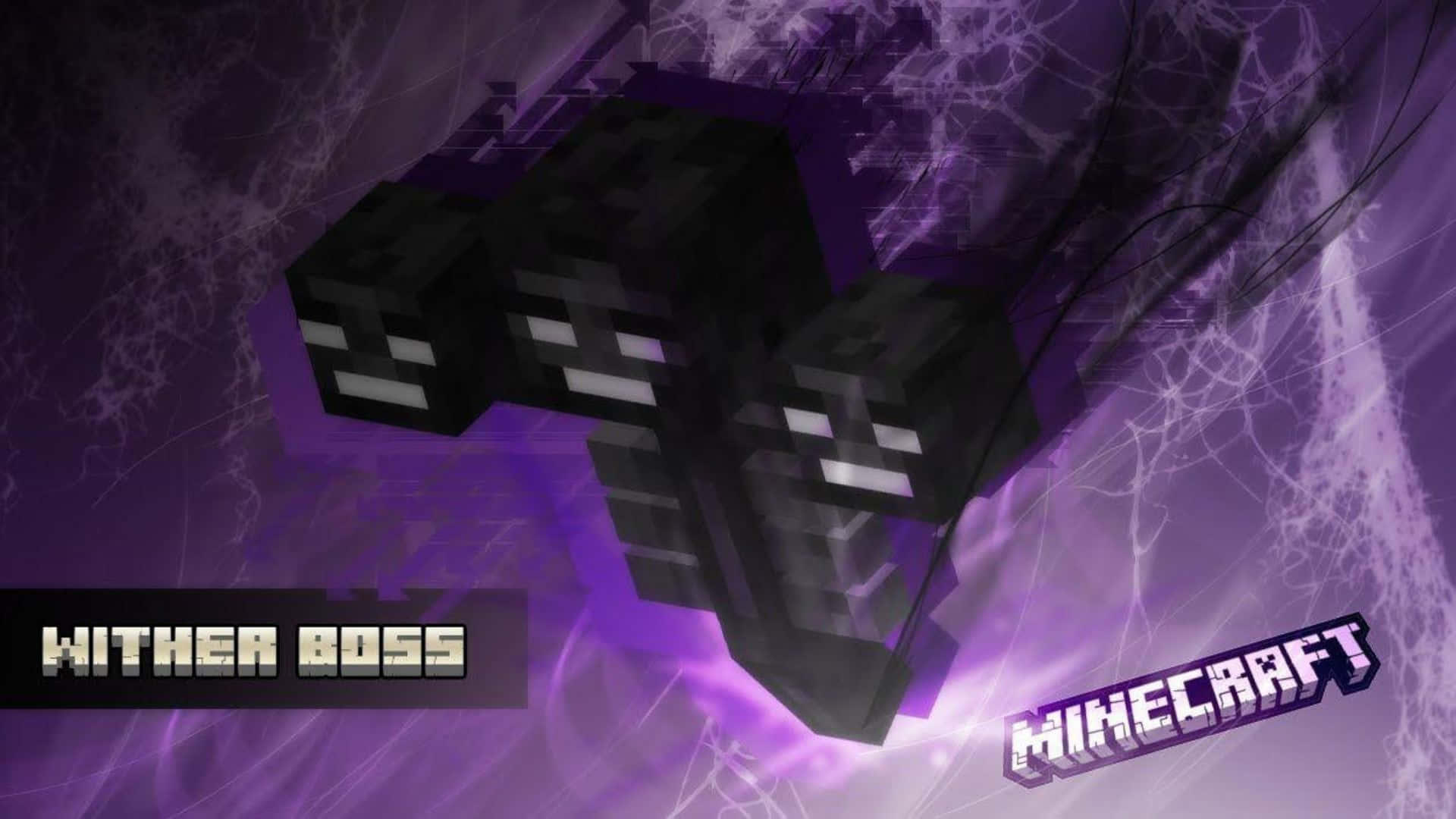 Minecraft Wither 桌布 壁紙 — 一個來自Minecraft的像素化凋零怪Boss，在旋轉的紫色和黑色魔法背景中漂浮。