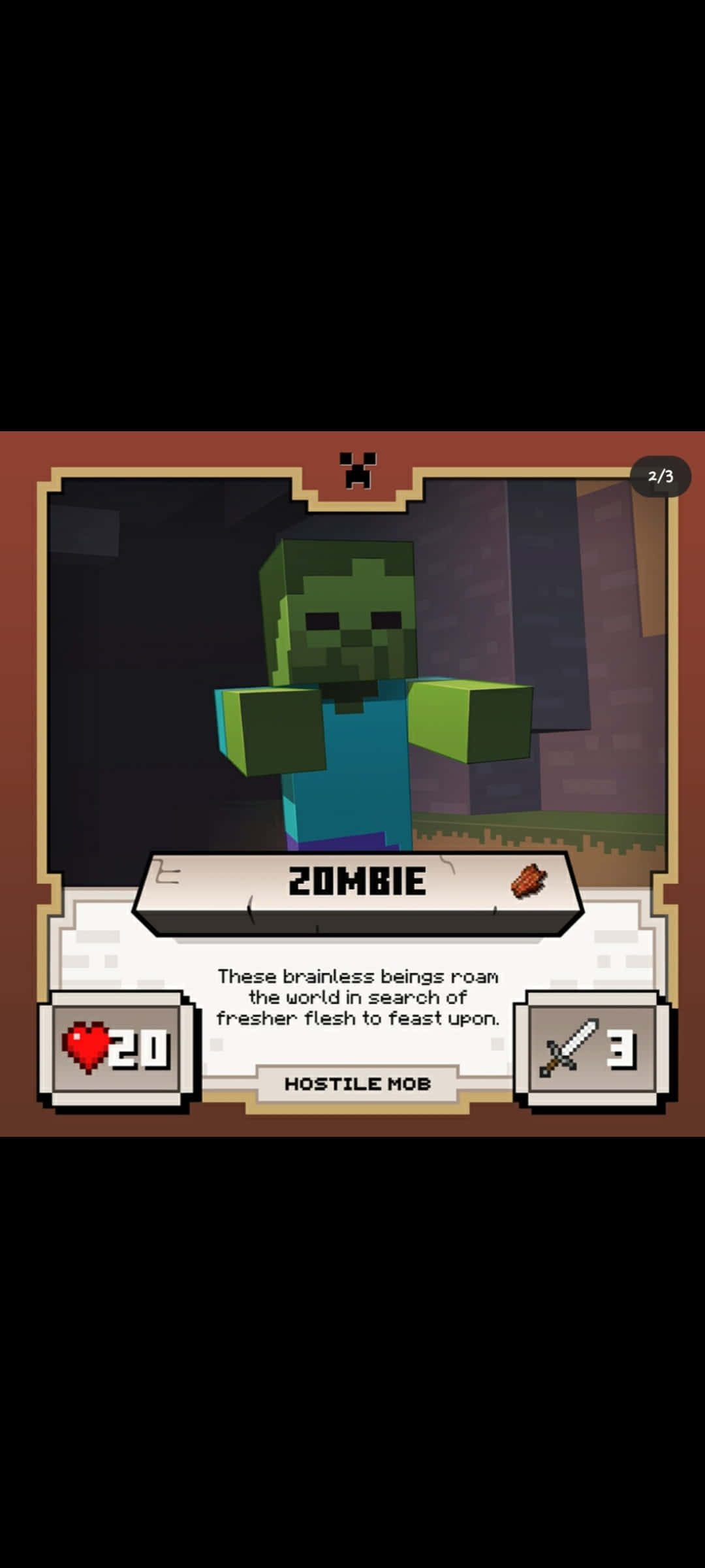 Minecraft Zombie 桌布 壁紙 — 一個來自Minecraft的像素化喪屍站在黑暗地牢中，顯示生命值和攻擊力數值。