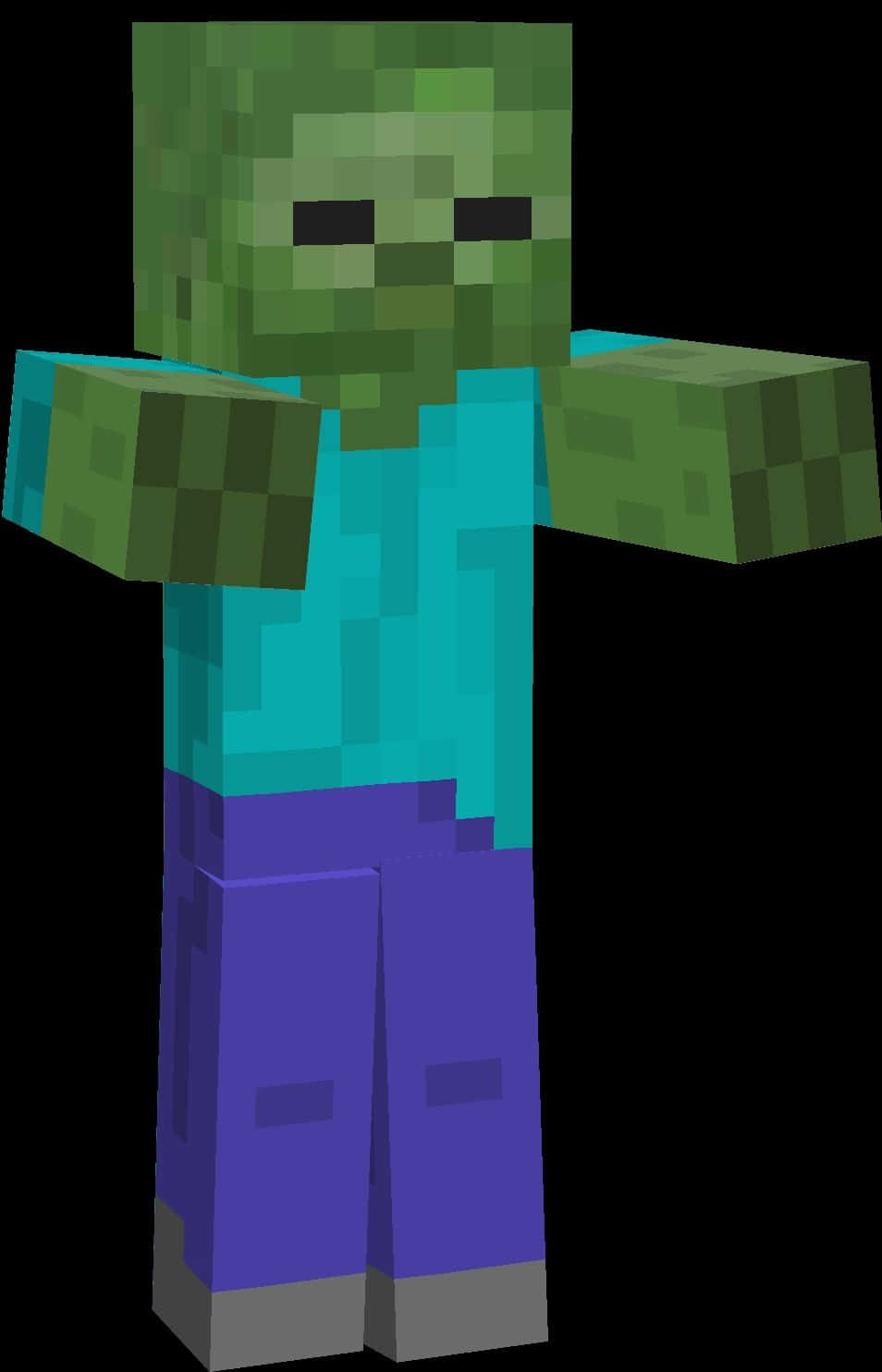 Minecraft Zombie 桌布 壁紙 — 一個來自Minecraft的像素化綠色喪屍角色，穿著青色襯衫和紫色褲子，背景為黑色。