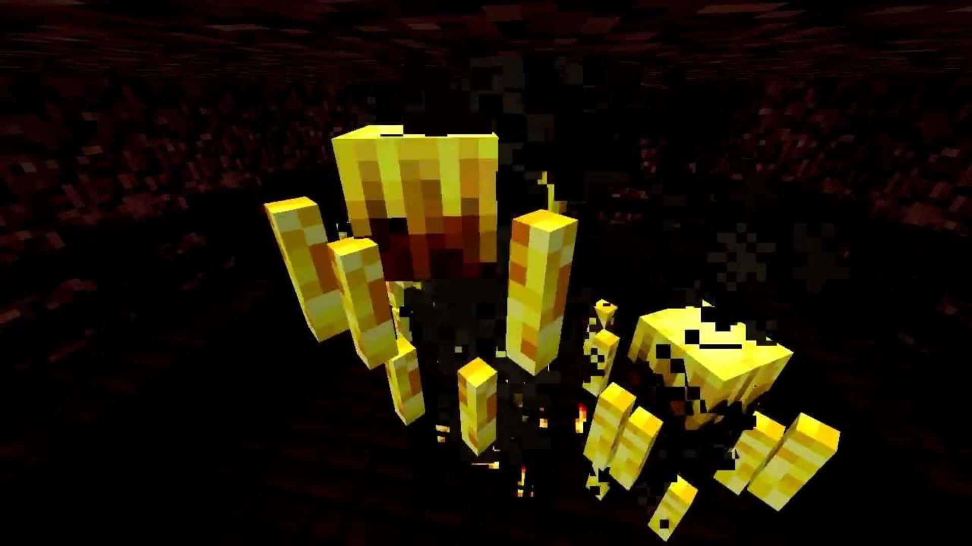 Minecraft Blaze 桌布 壁紙 — 一個來自Minecraft的像素化金色爬行者，在黑暗的地下洞穴中發光。