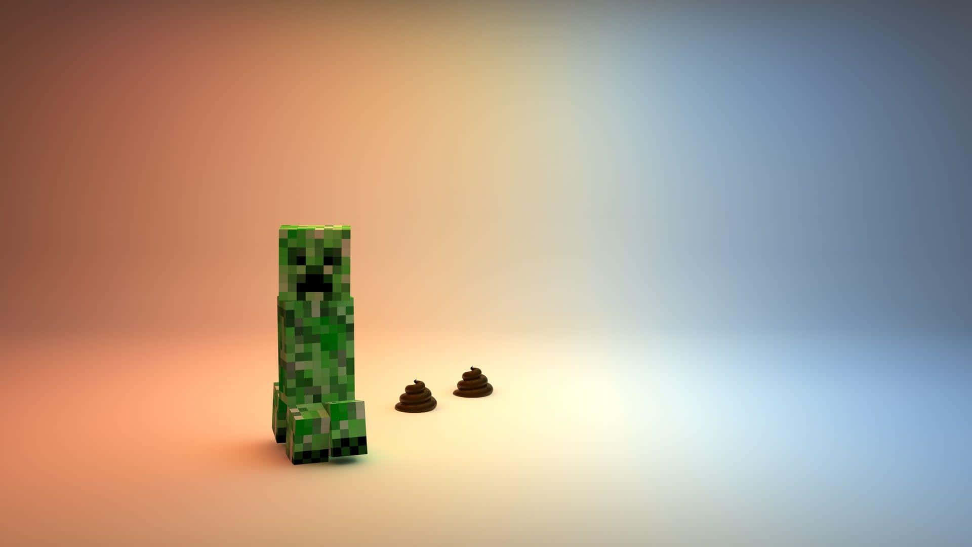 型格 Minecraft 桌布 壁紙 — 一個來自Minecraft的像素化綠色爬行者獨自站在漸變地板上，旁邊有兩小堆啡色糞便。
