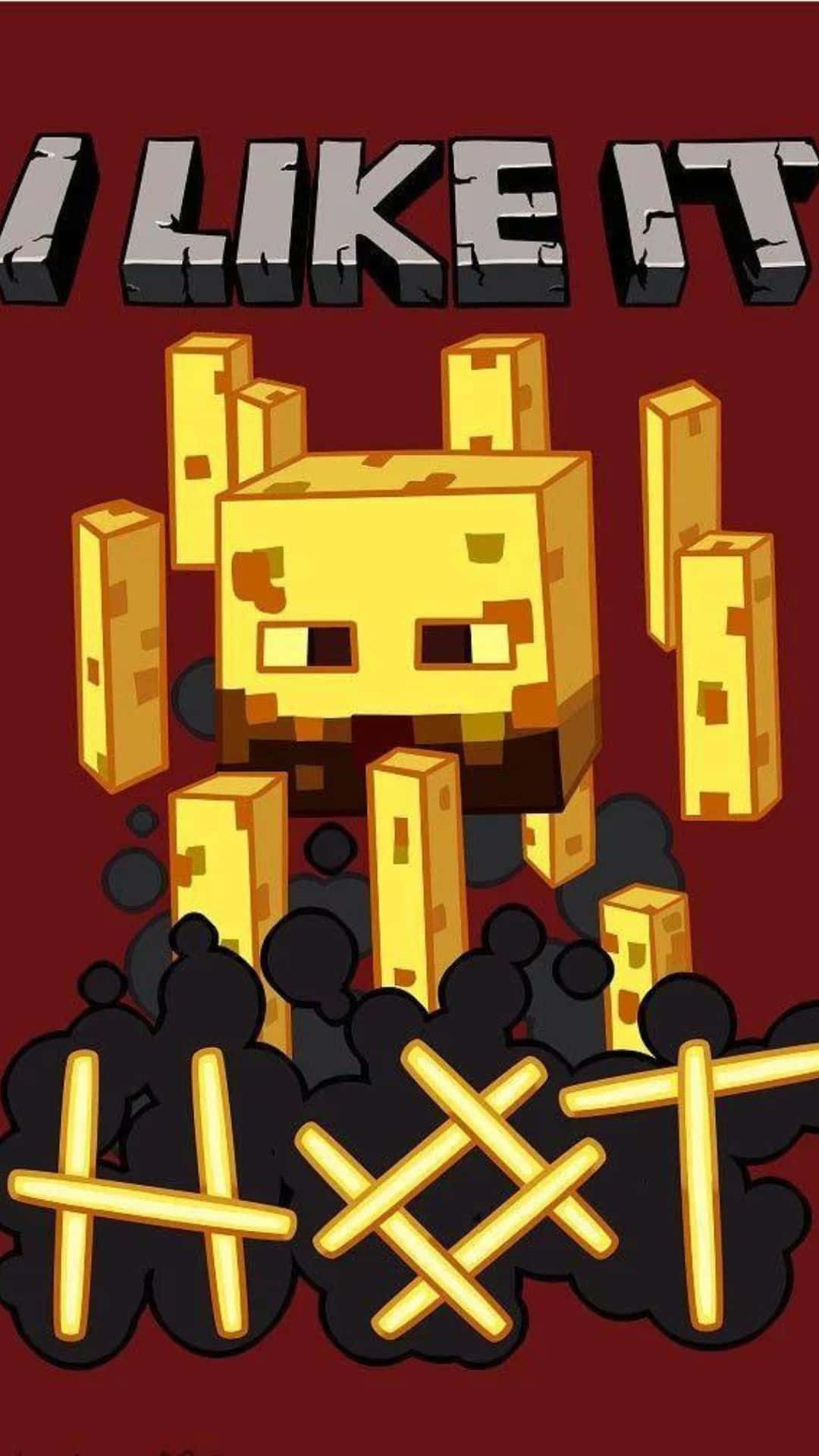 Minecraft Blaze 桌布 壁紙 — 一個來自Minecraft的像素化金色爬行者站在煙霧中，深紅色背景上方有「I LIKE IT」文字。