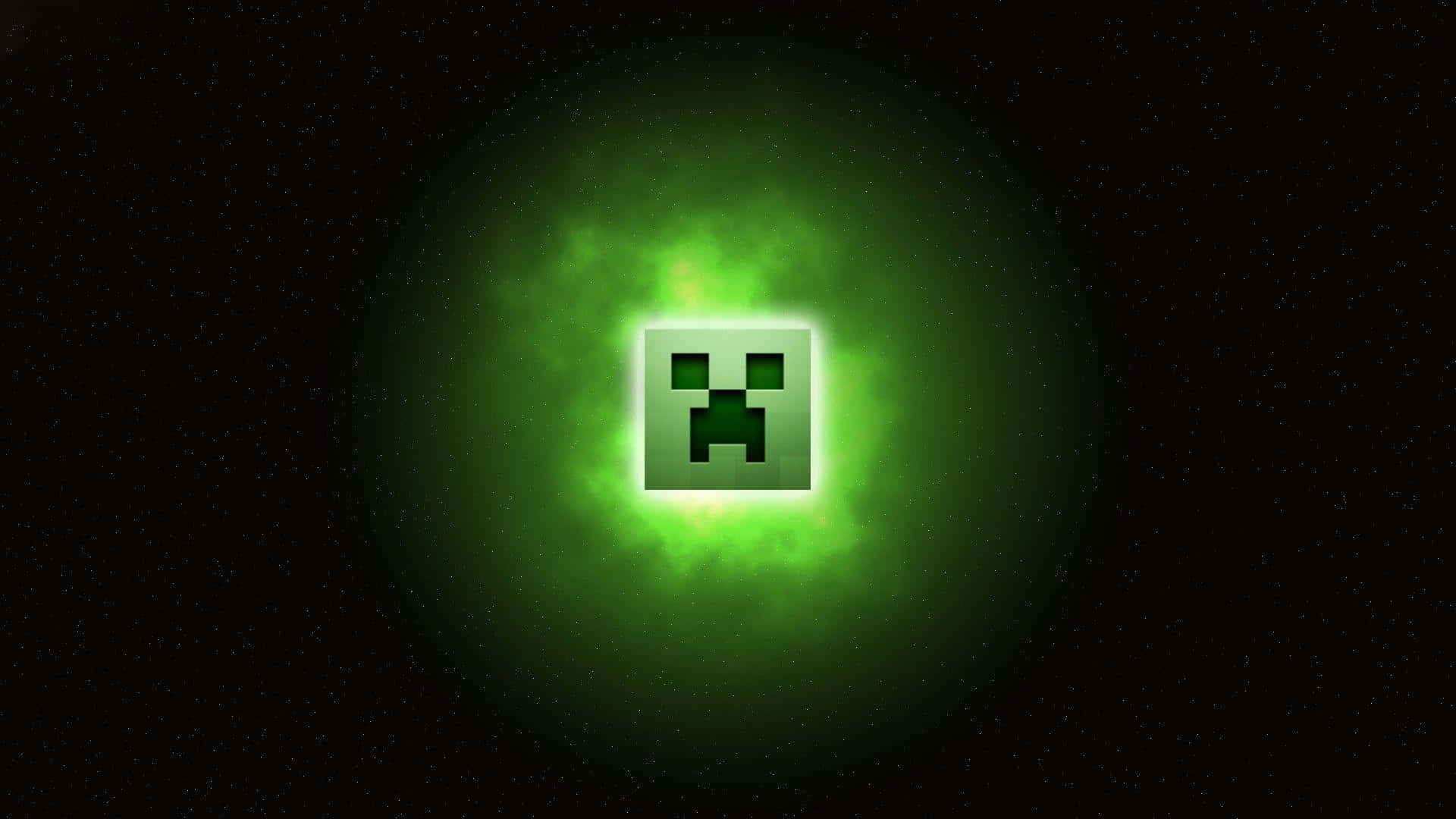 型格 Minecraft 桌布 壁紙 — 一個來自Minecraft的發光綠色爬行者漂浮在星空虛空中，帶有光芒四射的光環。