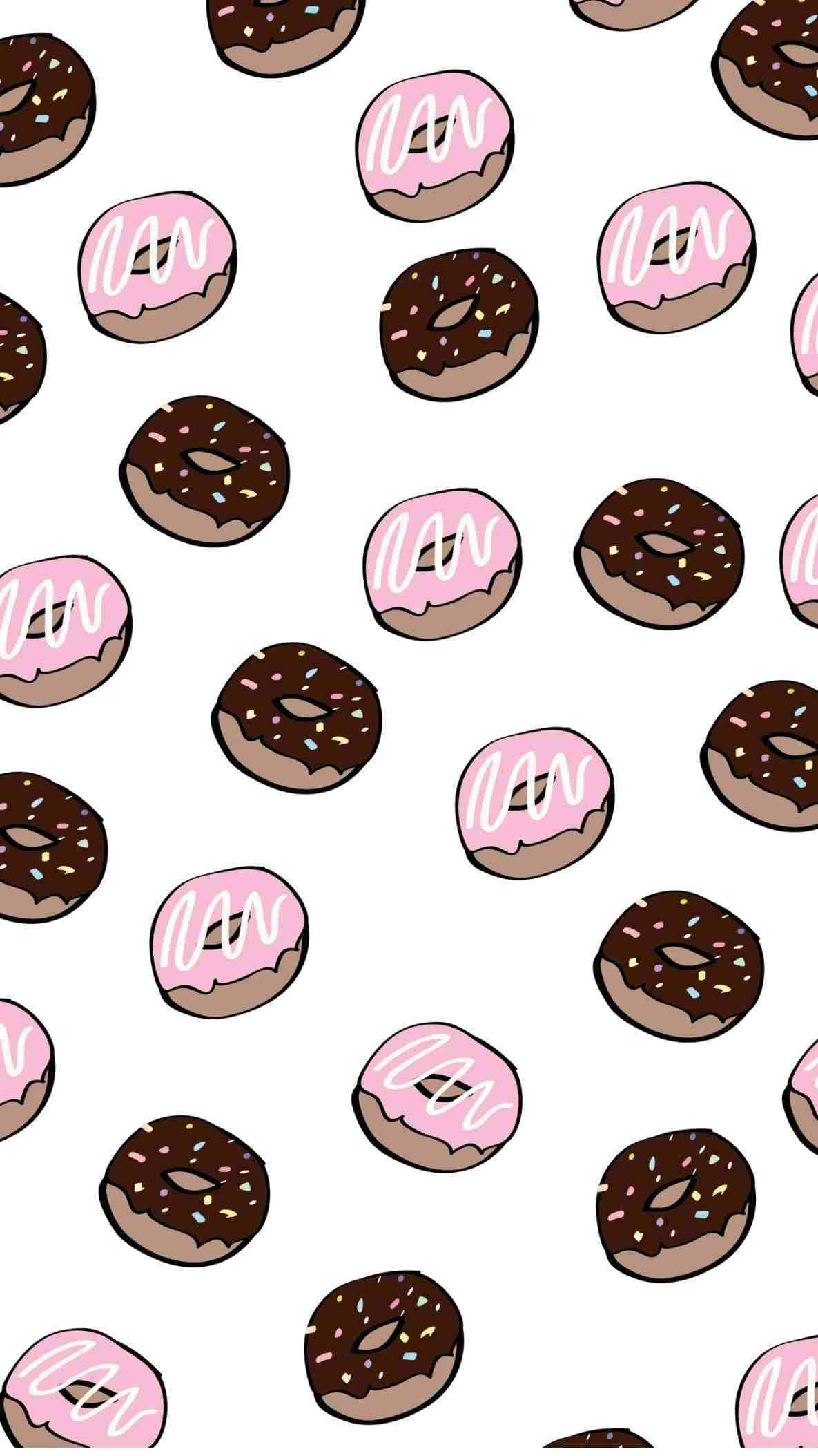 Cute Donut 桌布 壁紙 — 一個俏皮的圖案，粉紅色和朱古力糖霜甜甜圈撒上彩色糖粒，散落在潔白背景上。