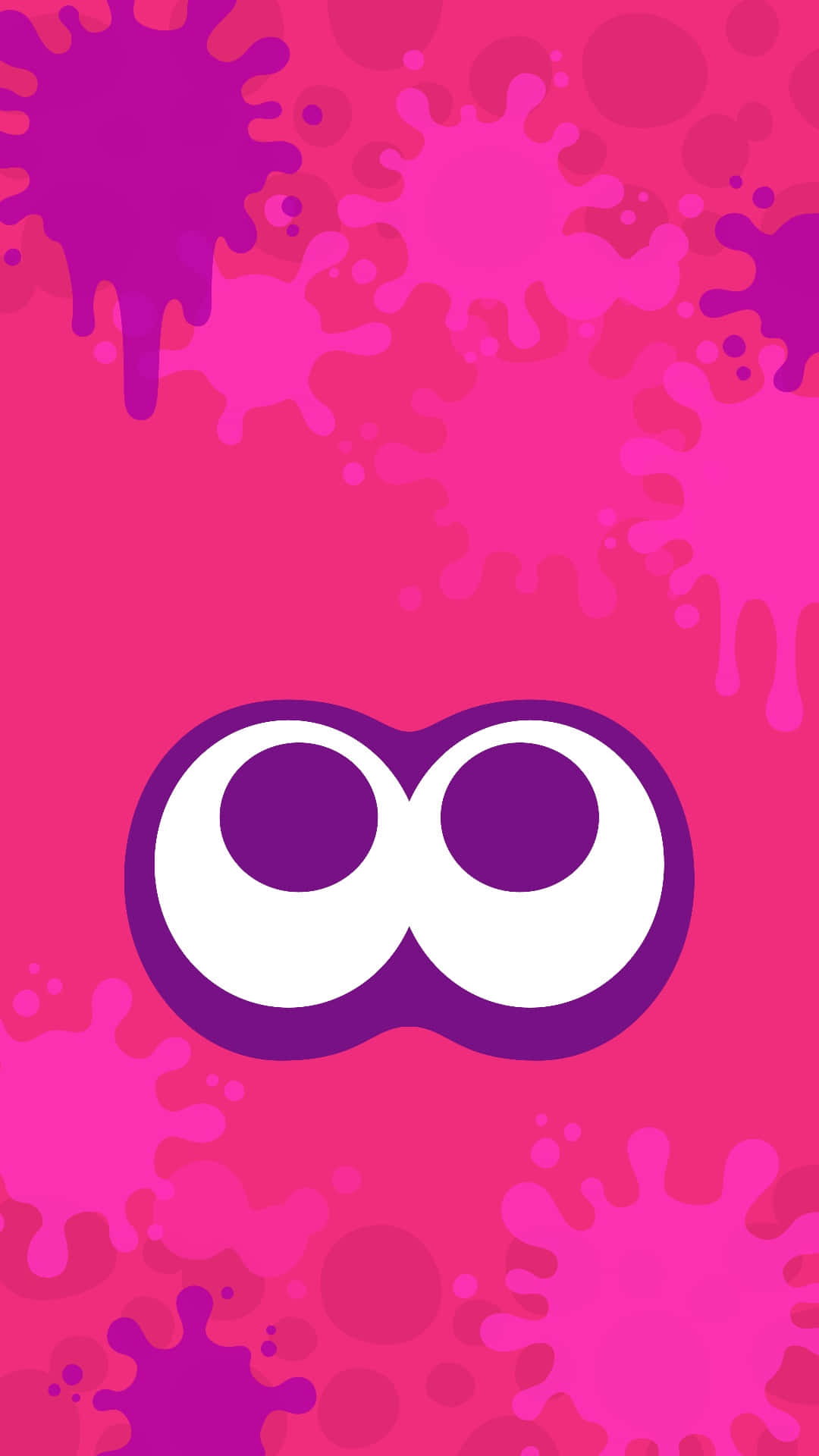 splatoon 2 桌布 壁紙 — 一個俏皮的紫色無限符號，帶有白色眼睛，位於充滿活力的粉紅色背景上，並有滴落的油漆飛濺。