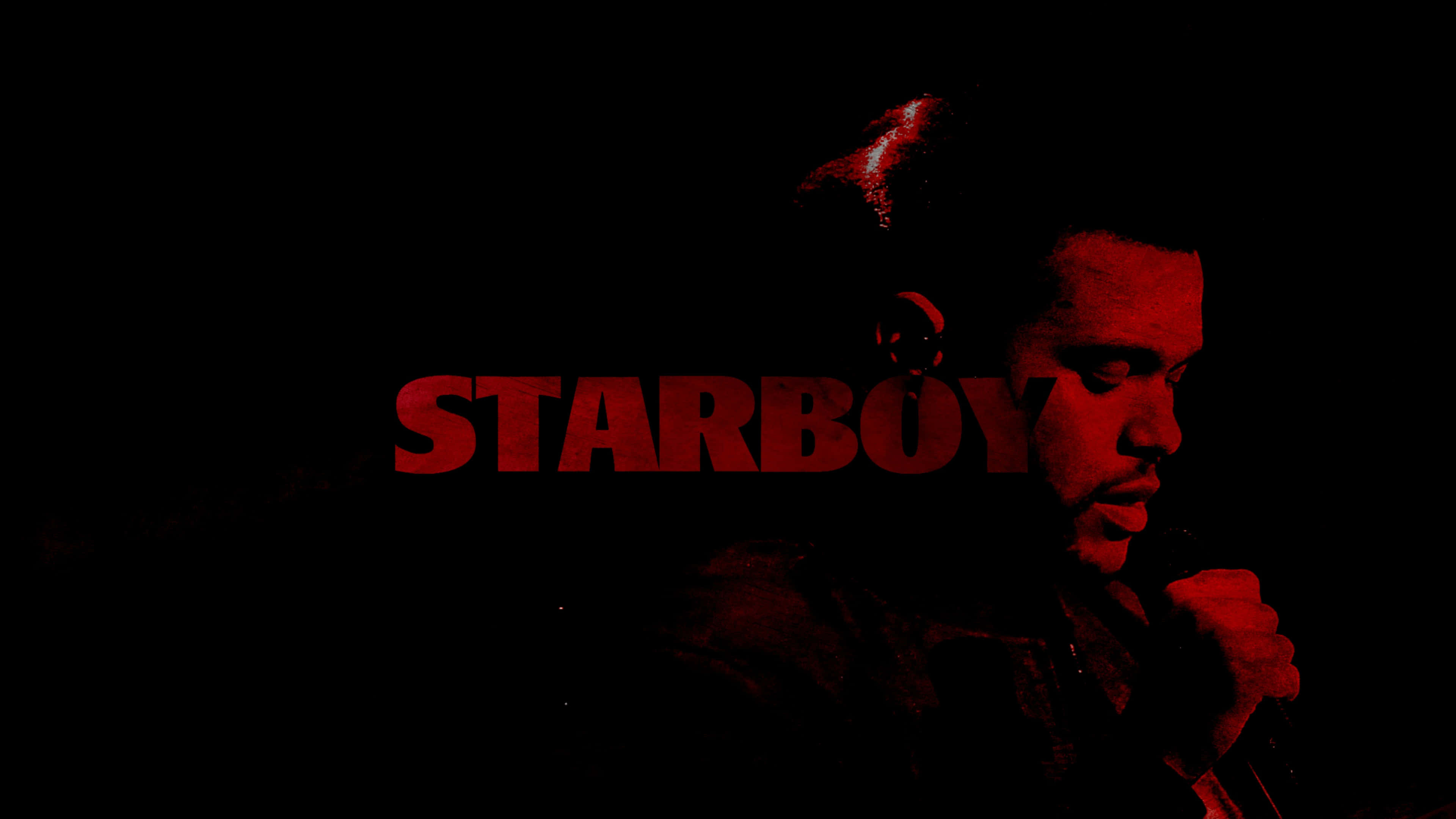 The Weeknd 桌布 壁紙 — 一個側面嘅男人被紅光照住，喺黑色背景前揸住一個咪高峰，上面有STARBOY字樣發出紅光。