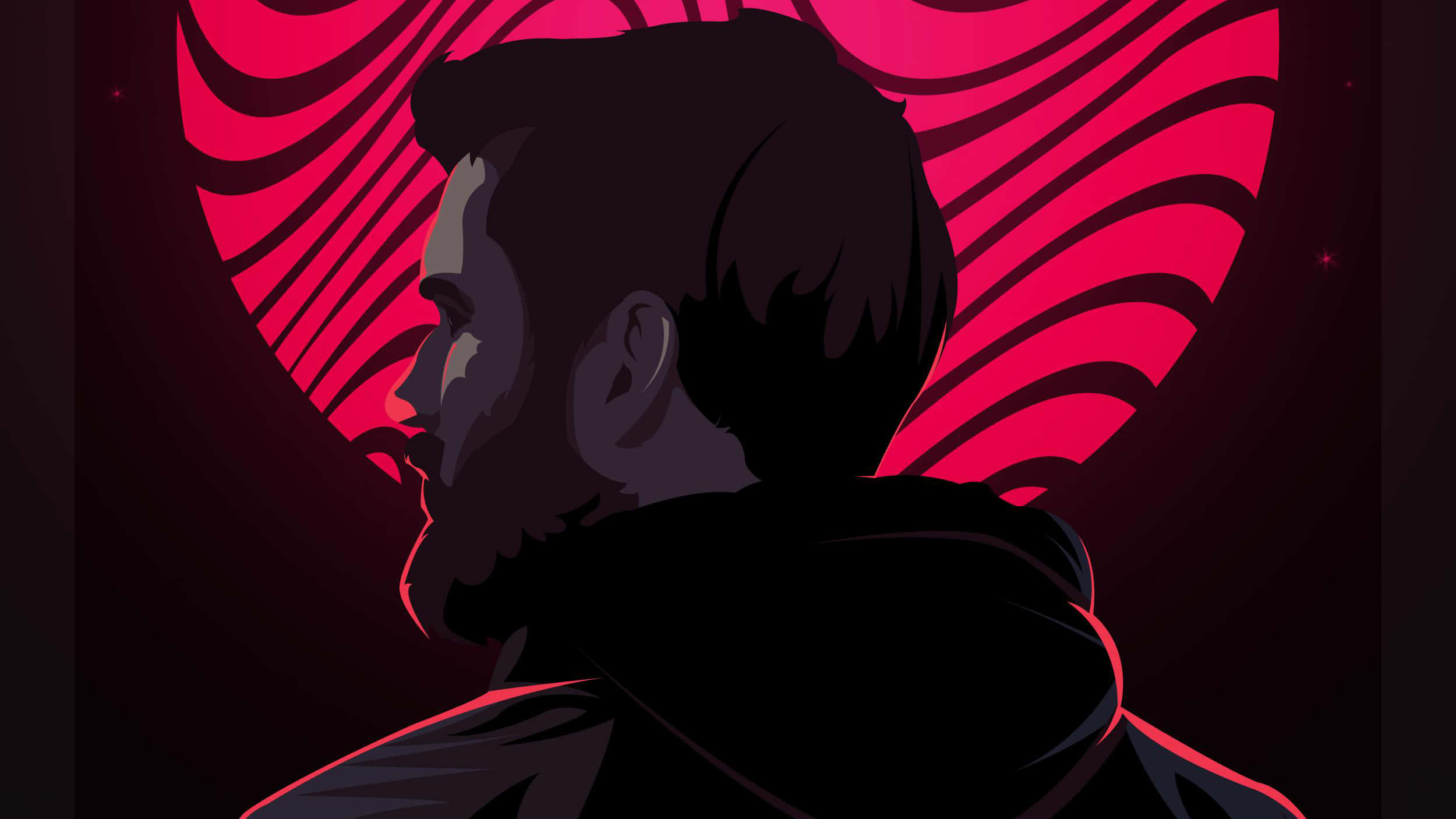 PewDiePie 桌布 壁紙 — 一個側面男子的剪影，背景是充滿活力的紅色抽象背景，帶有流動的曲線。