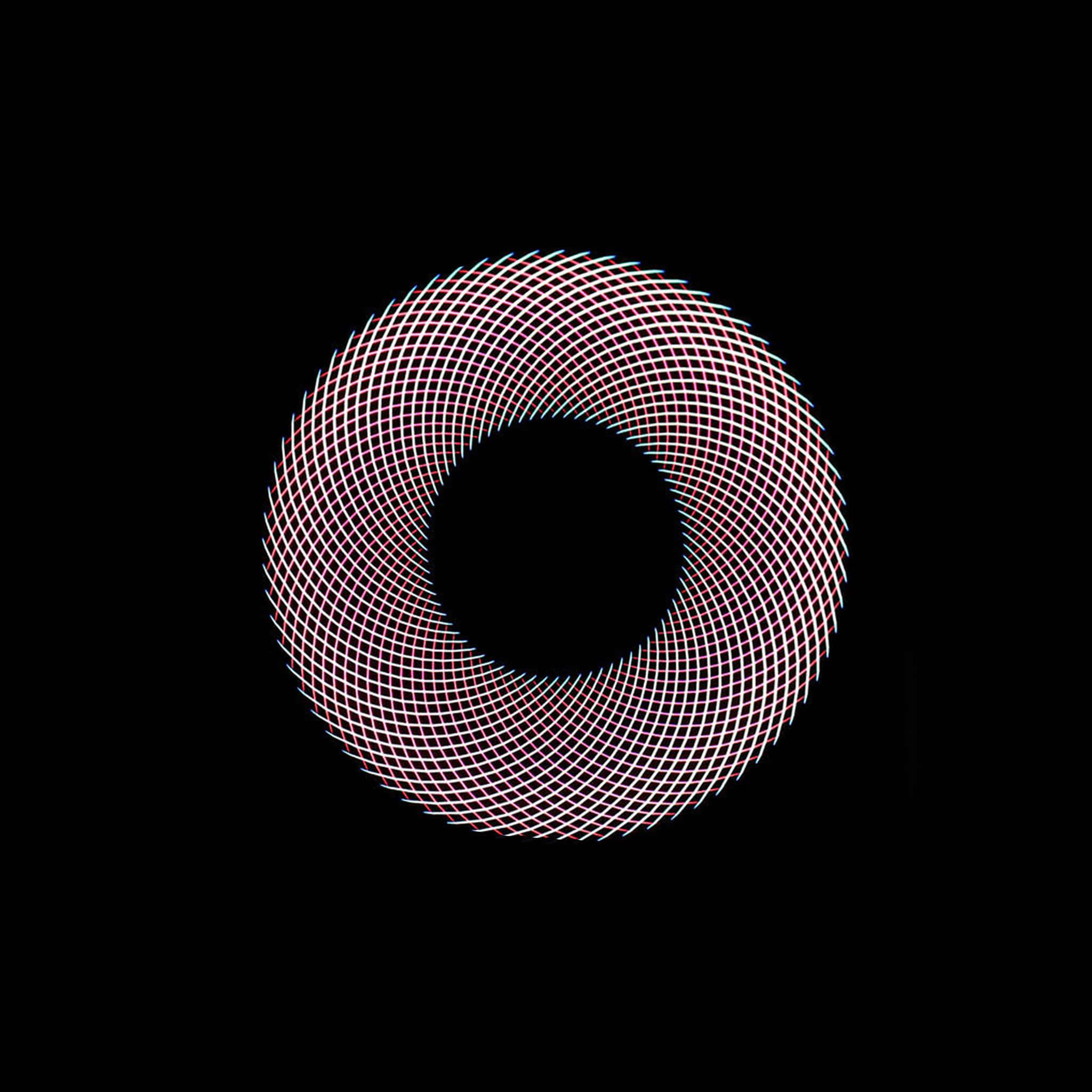 Dark Circles 桌布 壁紙 — 一個催眠般的幾何螺旋，由發光的粉紅色和白色線條組成，從中央的黑色虛空向外輻射，背景為純黑色。