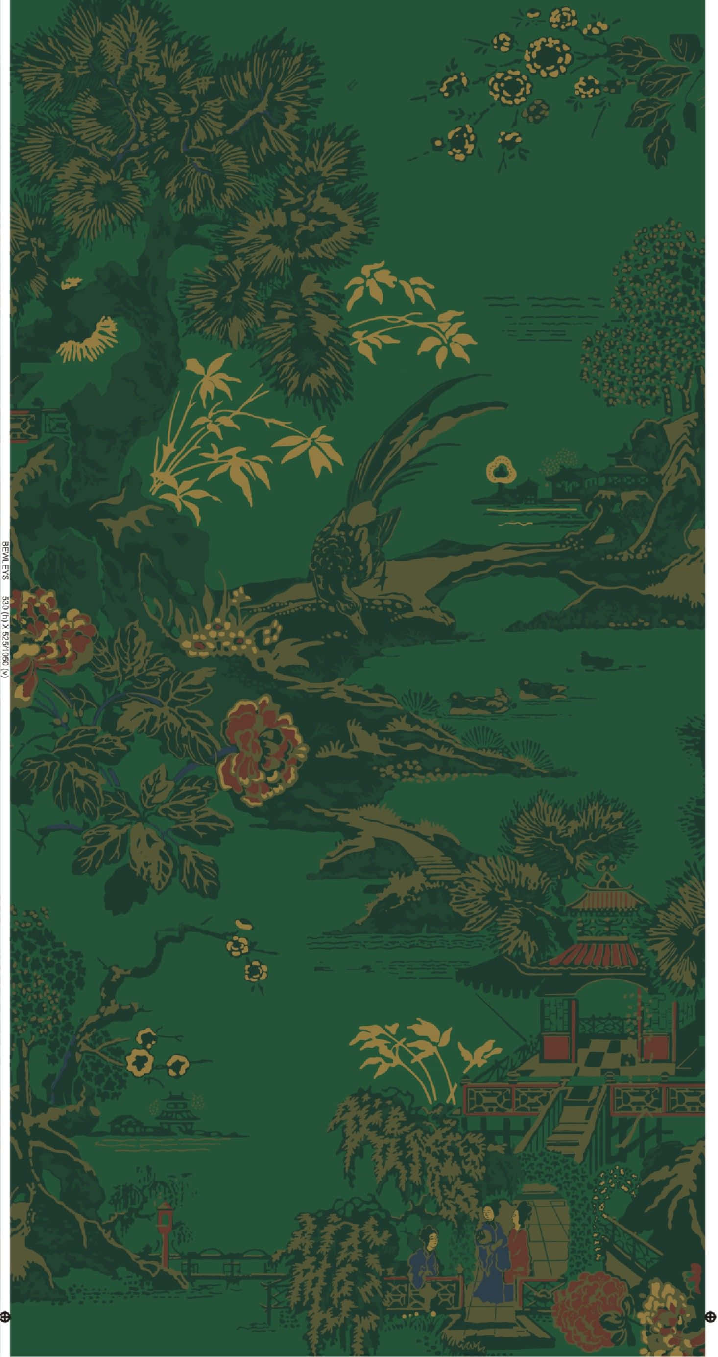 深綠色美學動態圖 桌布 壁紙 — 一個傳統東方花園場景，有寶塔、樹木和人物，背景為深綠色並帶有金色點綴。