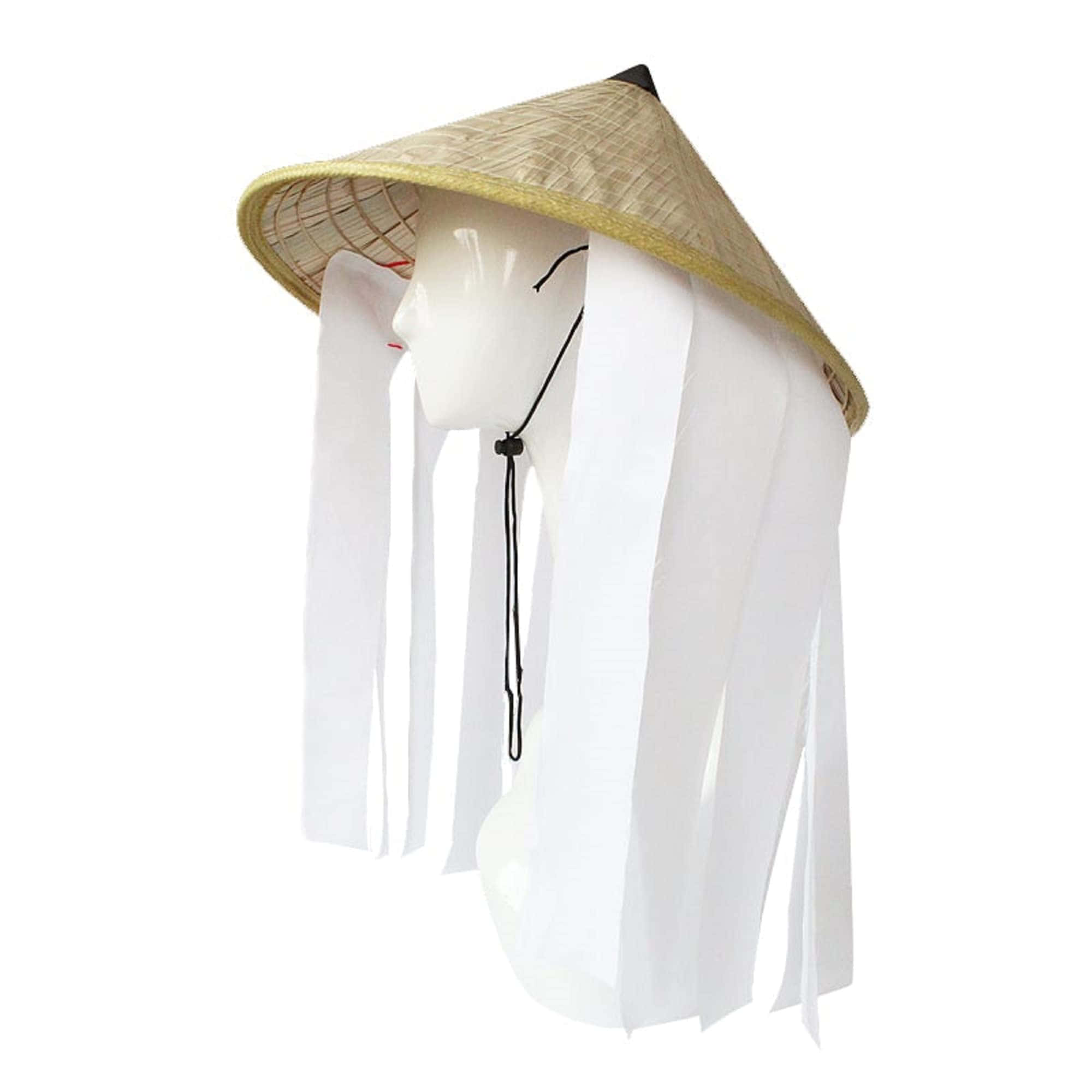 Akatsuki Hat 桌布 壁紙 — 一個傳統的圓錐形草帽，帶有白色紙條，展示在一個模特兒頭上，背景為純白色。