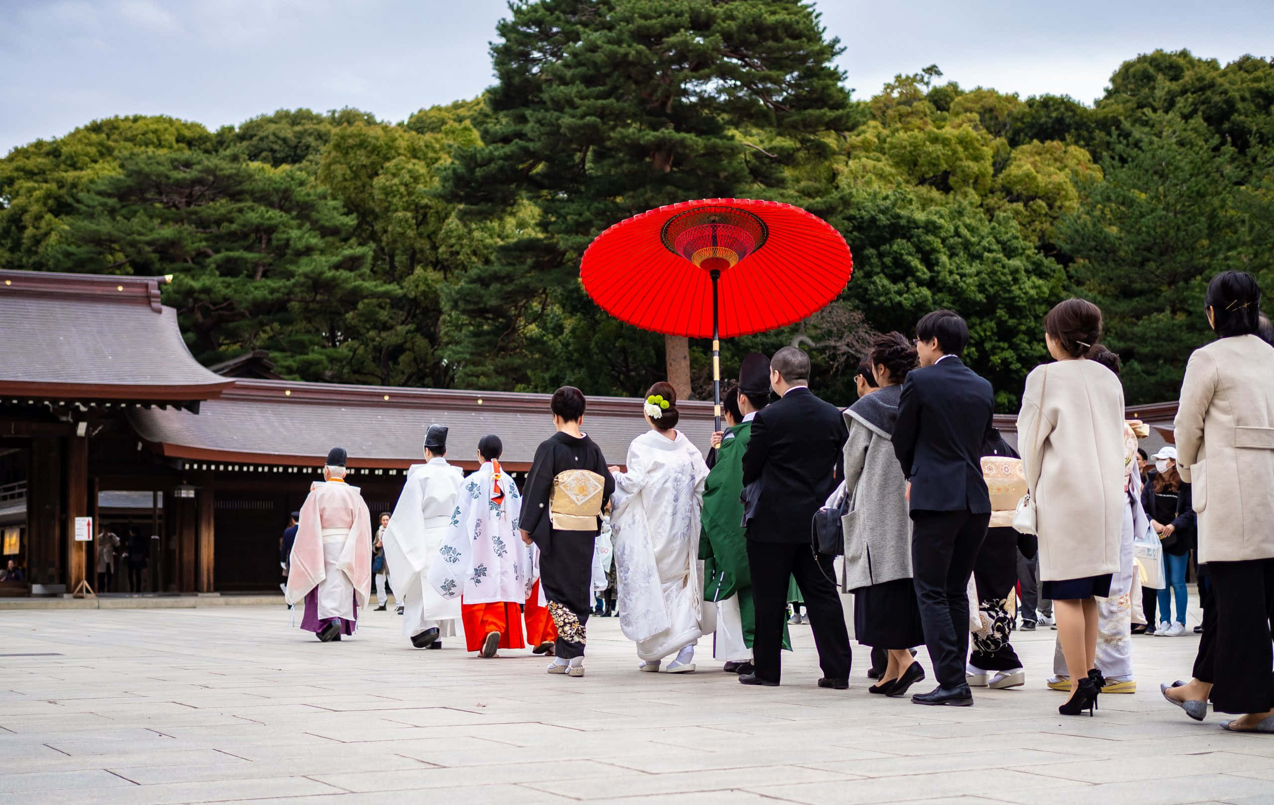Japanese 桌布 壁紙 — 一個傳統的日本婚禮隊伍在鮮紅色的陽傘下穿過寺廟庭院。