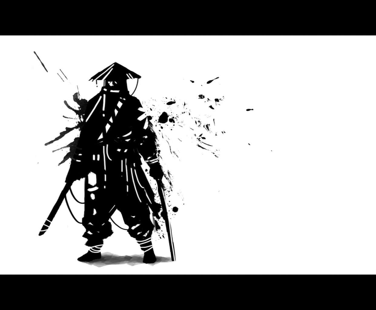 Black And White Samurai 桌布 壁紙 — 一個傳統裝備的武士戰士的鮮明黑色剪影，在白色背景上持劍站立，帶有墨跡飛濺。