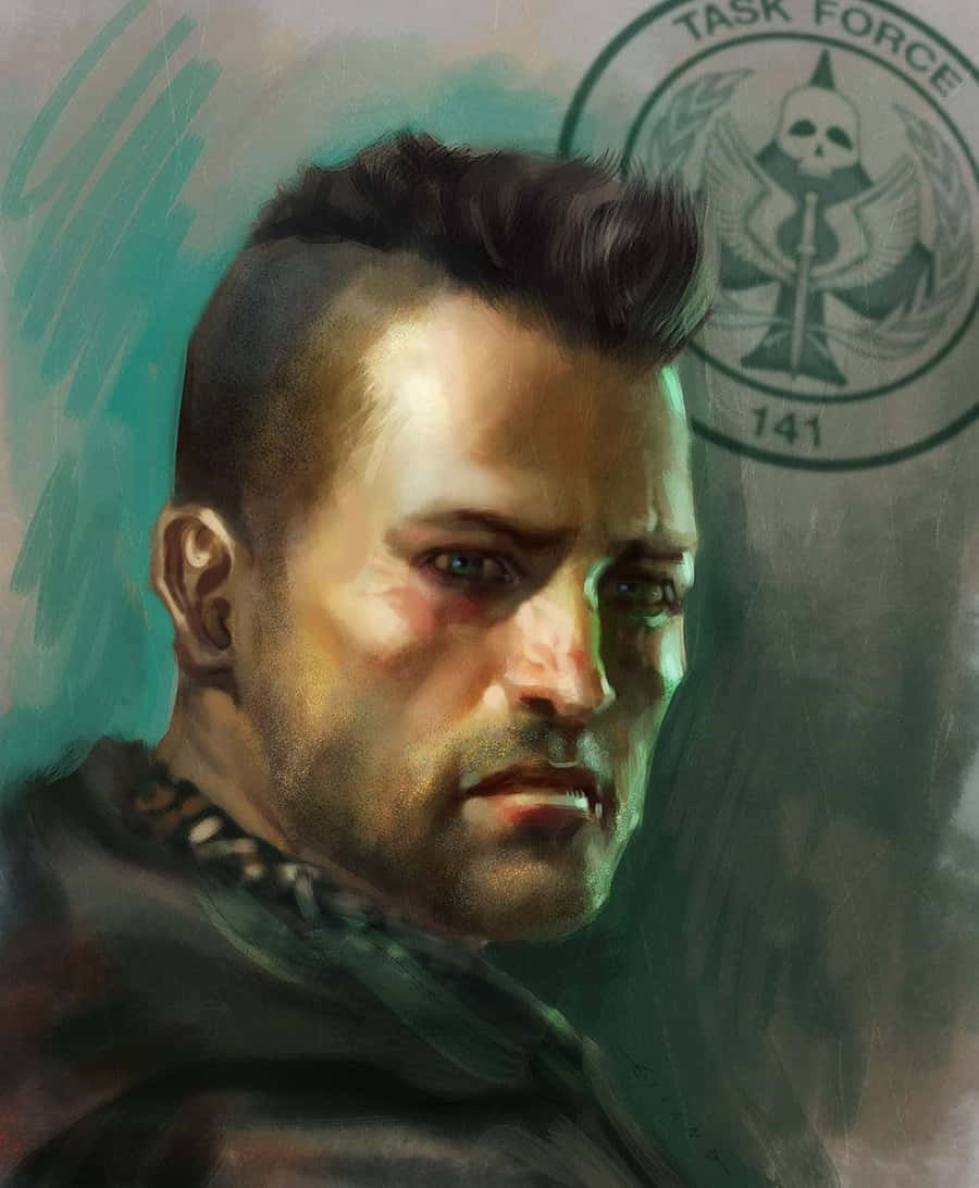 Soap Mactavish 桌布 壁紙 — 一個傷痕累累的男人，梳著莫霍克頭，背後有骷髏標誌的粗糙數位肖像。