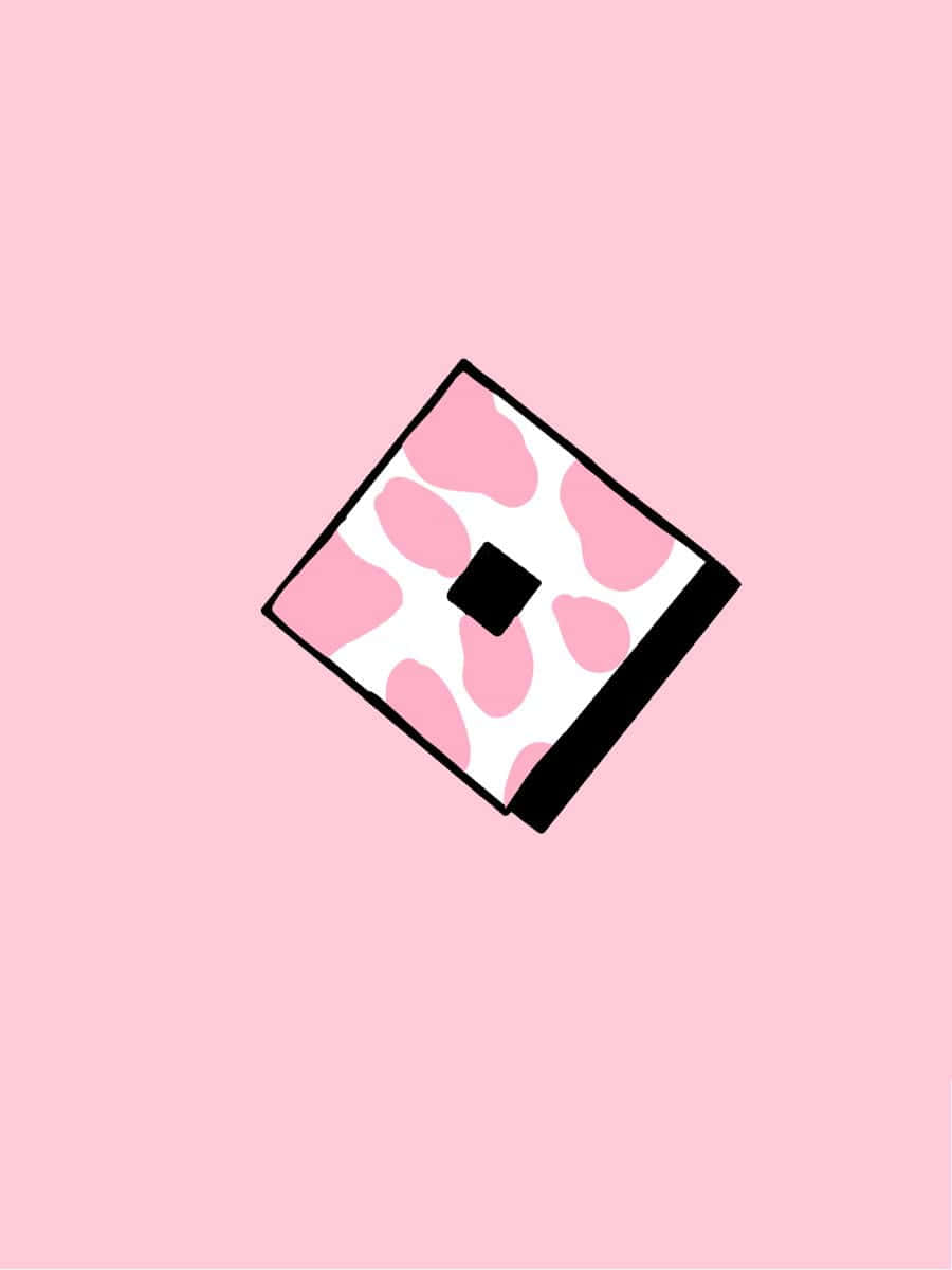 Kawaii Strawberry Cow 桌布 壁紙 — 一個傾斜的正方形，帶有粉紅色乳牛圖案和黑色邊框，居中在純粉紅色背景上。