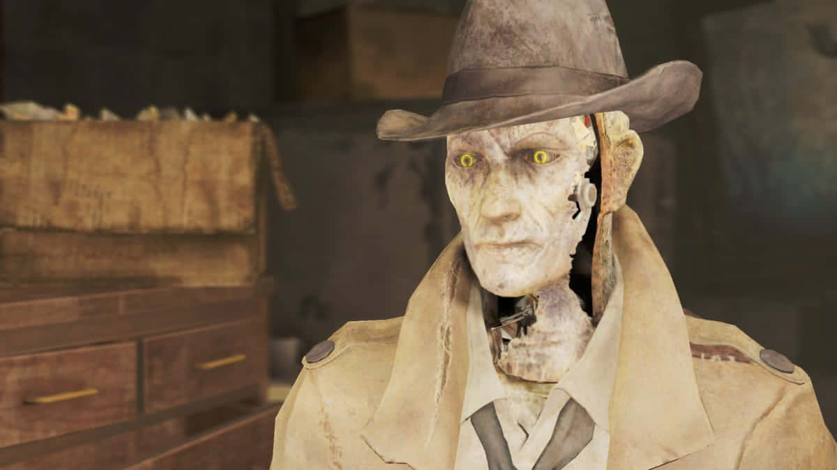 Fallout Characters 桌布 壁紙 — 一個像死神的人物，有著發光的黃色眼睛和破爛的軟呢帽，站在一個光線昏暗、有木製家具的房間裡。