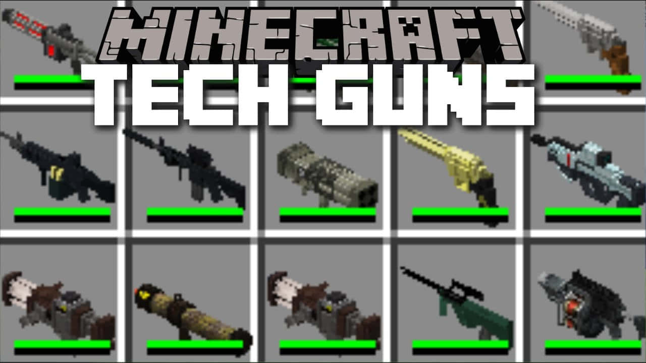 Minecraft Weapons 桌布 壁紙 — 一個像素化Minecraft科技槍械的網格，顯示在灰色背景上，帶有綠色生命條。