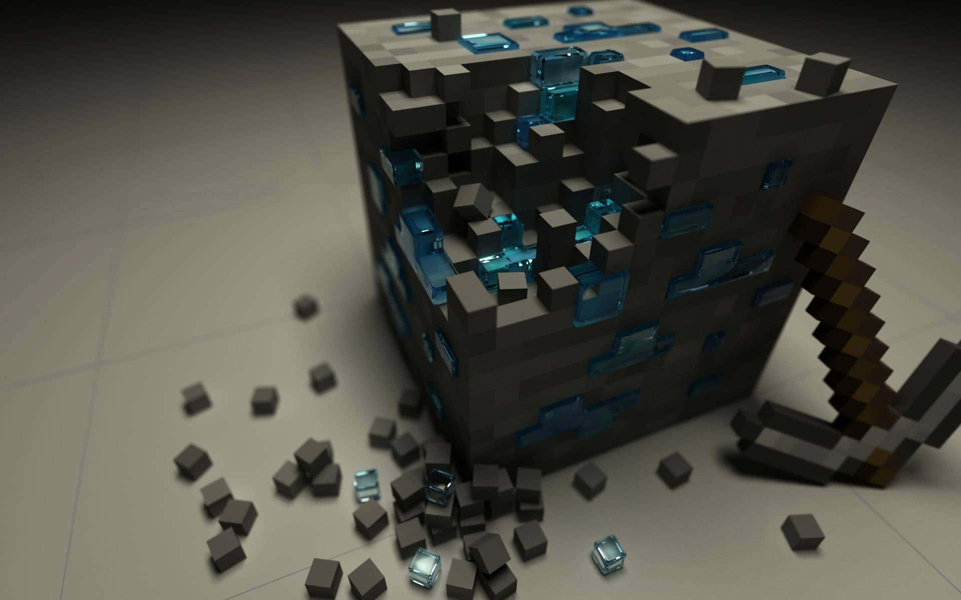 型格 Minecraft 桌布 壁紙 — 一個像素化嘅Minecraft風格方塊，上面嵌有藍色玻璃碎片，灰色立方體散落喺瓷磚地板上面。