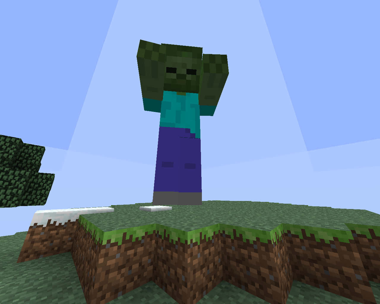 Minecraft Zombie 桌布 壁紙 — 一個像素化嘅喪屍企喺 Minecraft 世界嘅草方塊上面，背景係晴朗嘅藍天。