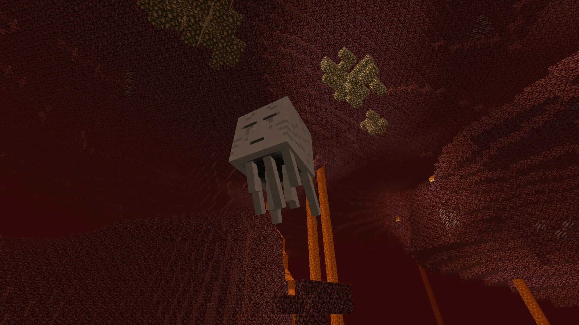Minecraft Ghast 桌布 壁紙 — 一個像素化的 Minecraft 地獄幽靈漂浮在深紅色的地獄天空中，下方是發光的橙色柱子和漂浮的金塊。