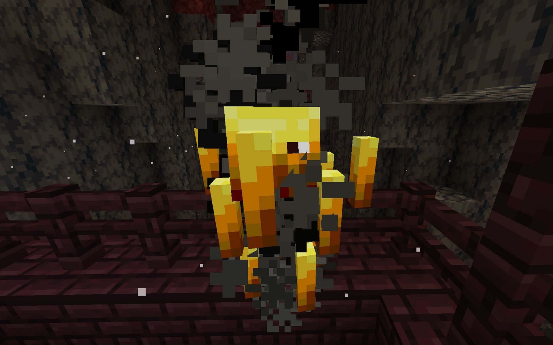 Minecraft Blaze Farming 桌布 壁紙 — 一個像素化的 Minecraft 爬行者喺黑暗嘅地下洞穴入面爆炸，周圍有紅石方塊同煙霧粒子。