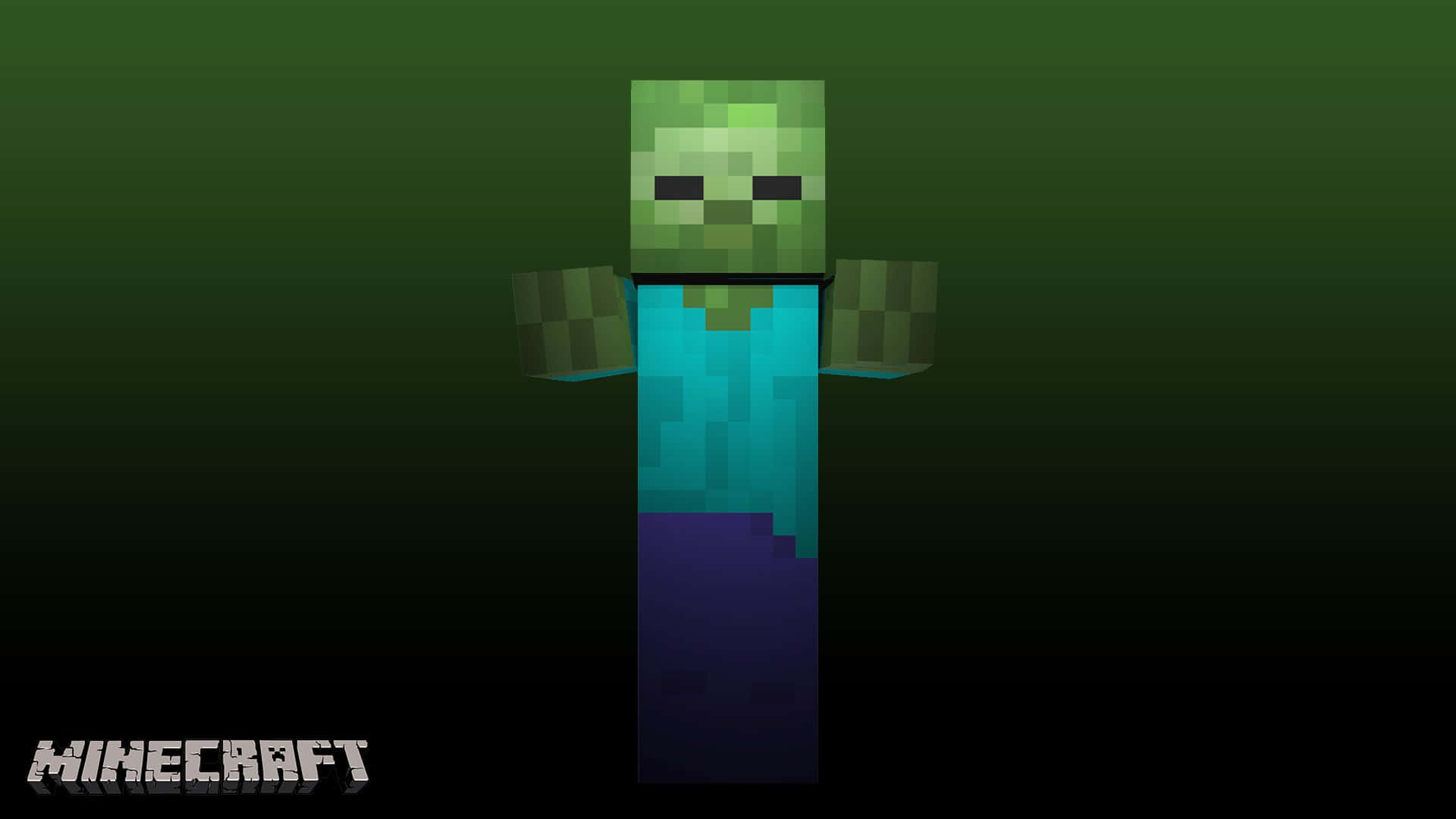 Minecraft Zombie 桌布 壁紙 — 一個像素化的 Minecraft 殭屍站在深綠色漸變背景中央，角落有遊戲標誌。