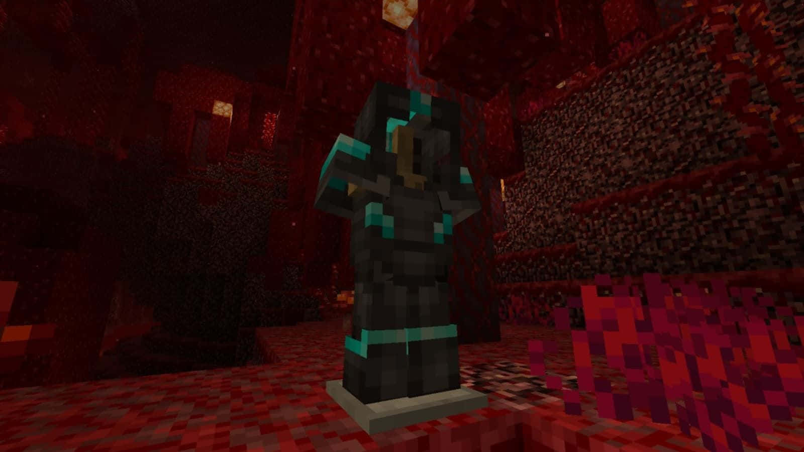 Minecraft Armor 桌布 壁紙 — 一個像素化的 Minecraft 終界使者站在昏暗紅色的地獄堡壘中，有發光的熔岩方塊和地獄岩牆壁。