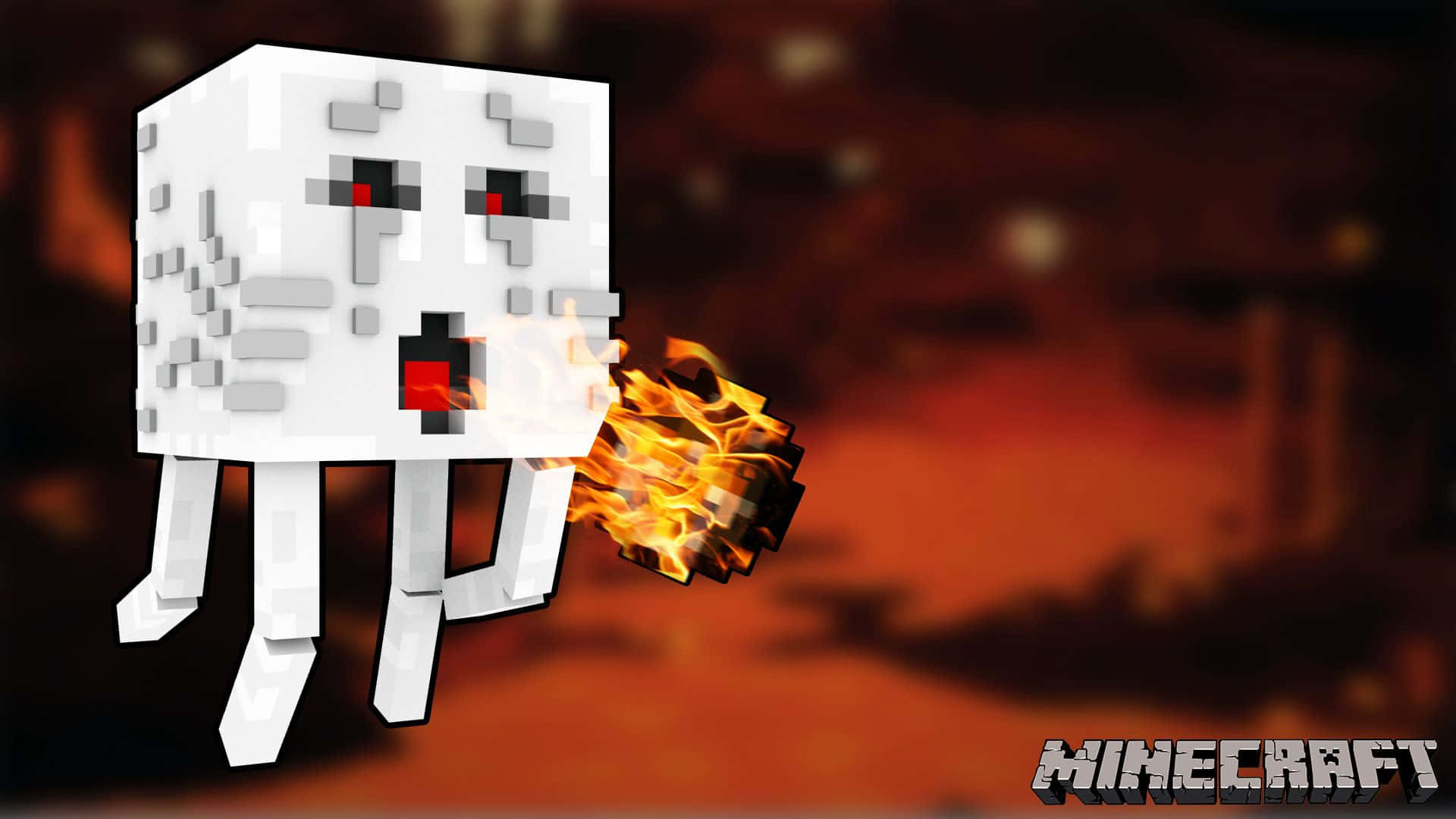 Minecraft Ghast 桌布 壁紙 — 一個像素化的 Minecraft 地獄幽靈漂浮在熾熱的橙色背景上，從口中噴出一股火焰。