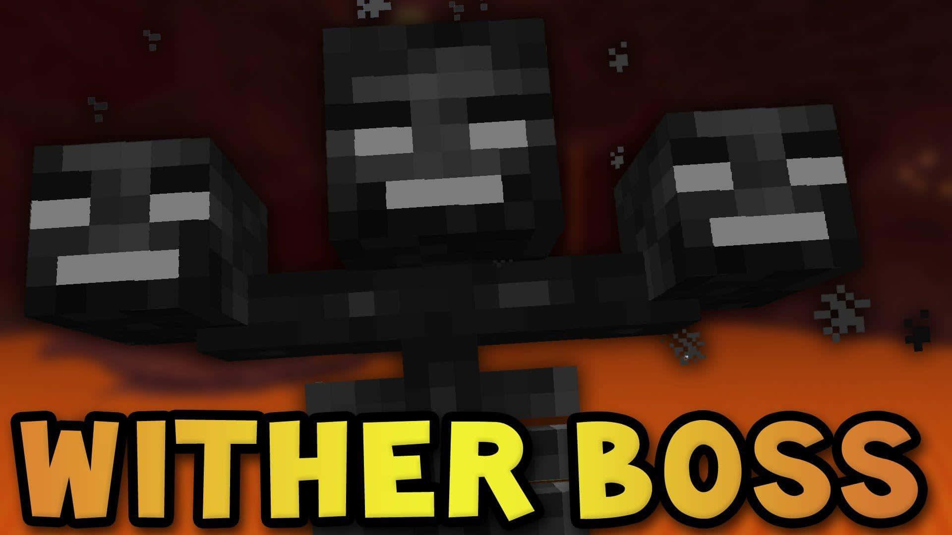 Minecraft Wither 桌布 壁紙 — 一個像素化的 Minecraft 凋零 Boss 在火橙色和深紅色的天空下威嚇地站立。