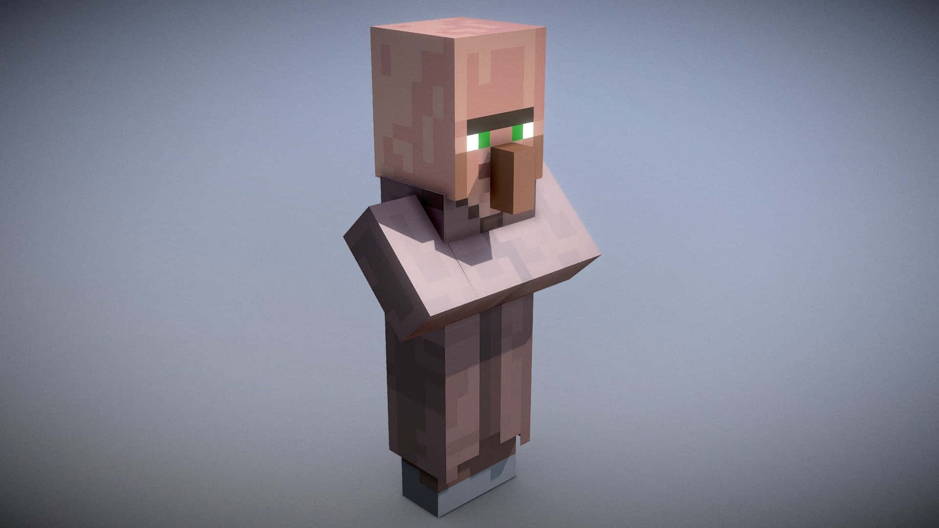 Minecraft Villager 桌布 壁紙 — 一個像素化的 Minecraft 殭屍站在純灰色背景前，擁有發光的綠色眼睛和方塊狀的皮膚紋理。
