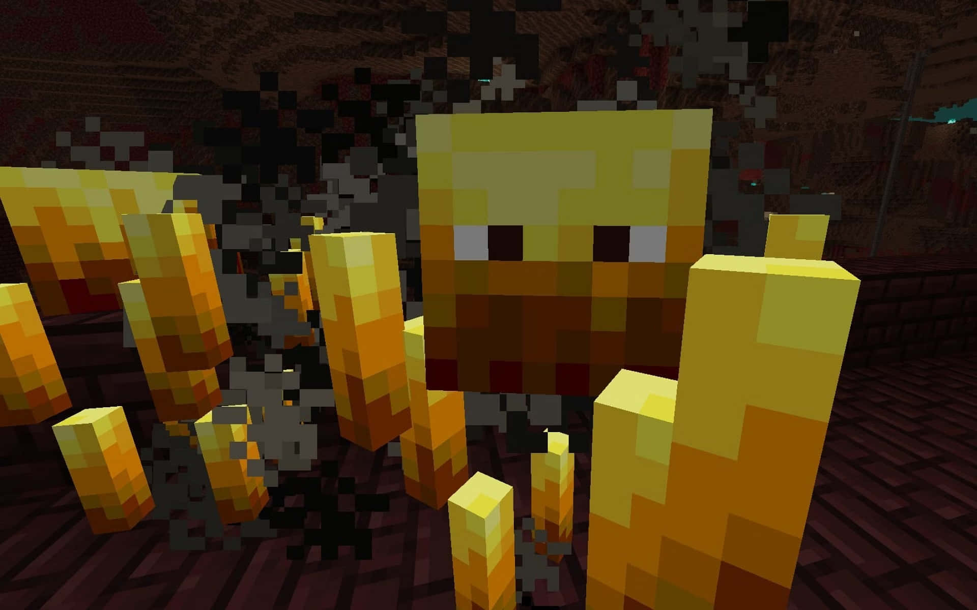 Minecraft Blaze 桌布 壁紙 — 一個像素化的 Minecraft 苦力怕站在昏暗地下洞穴中發光的金色方塊之間。